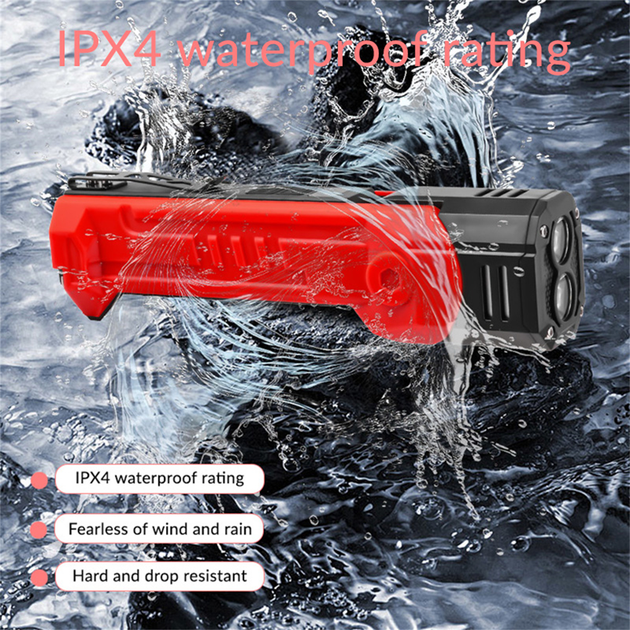 Rote und schwarze wasserdichte Taschenlampe mit Wasserspritzern.