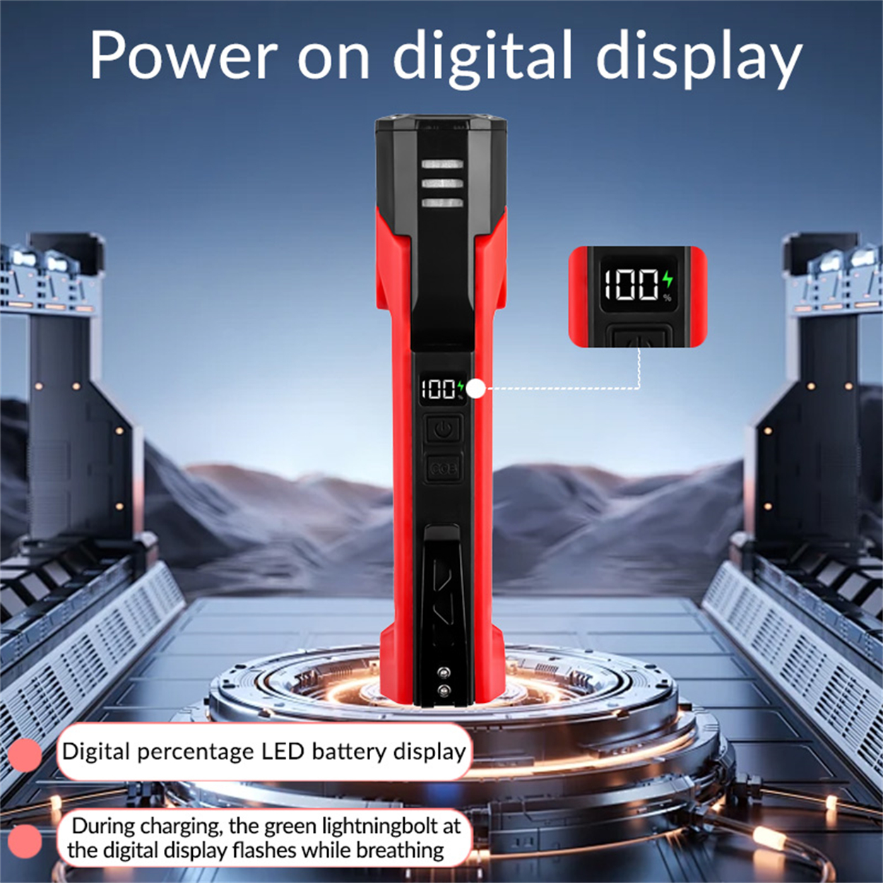 Rotes und schwarzes Elektrowerkzeug mit Digitalanzeige, die 100 % anzeigt. Weißer Hintergrund mit Textetiketten.