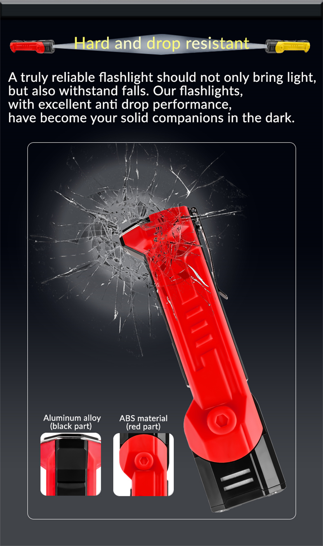 Eine rote Taschenlampe mit zerbrochenem Glaseffekt, zeigt die Haltbarkeit der Lampe.
