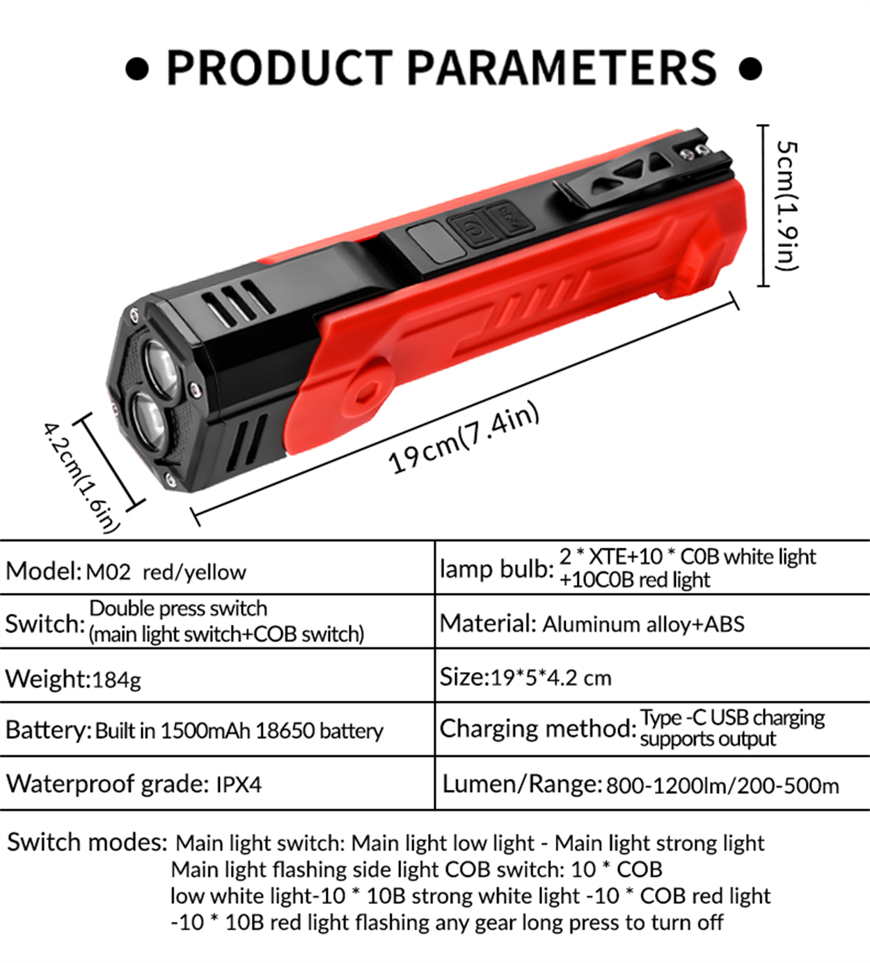 Rote und schwarze Taschenlampe mit Produktparametern. Sie hat ein Hauptlicht und ein Seitenlicht.