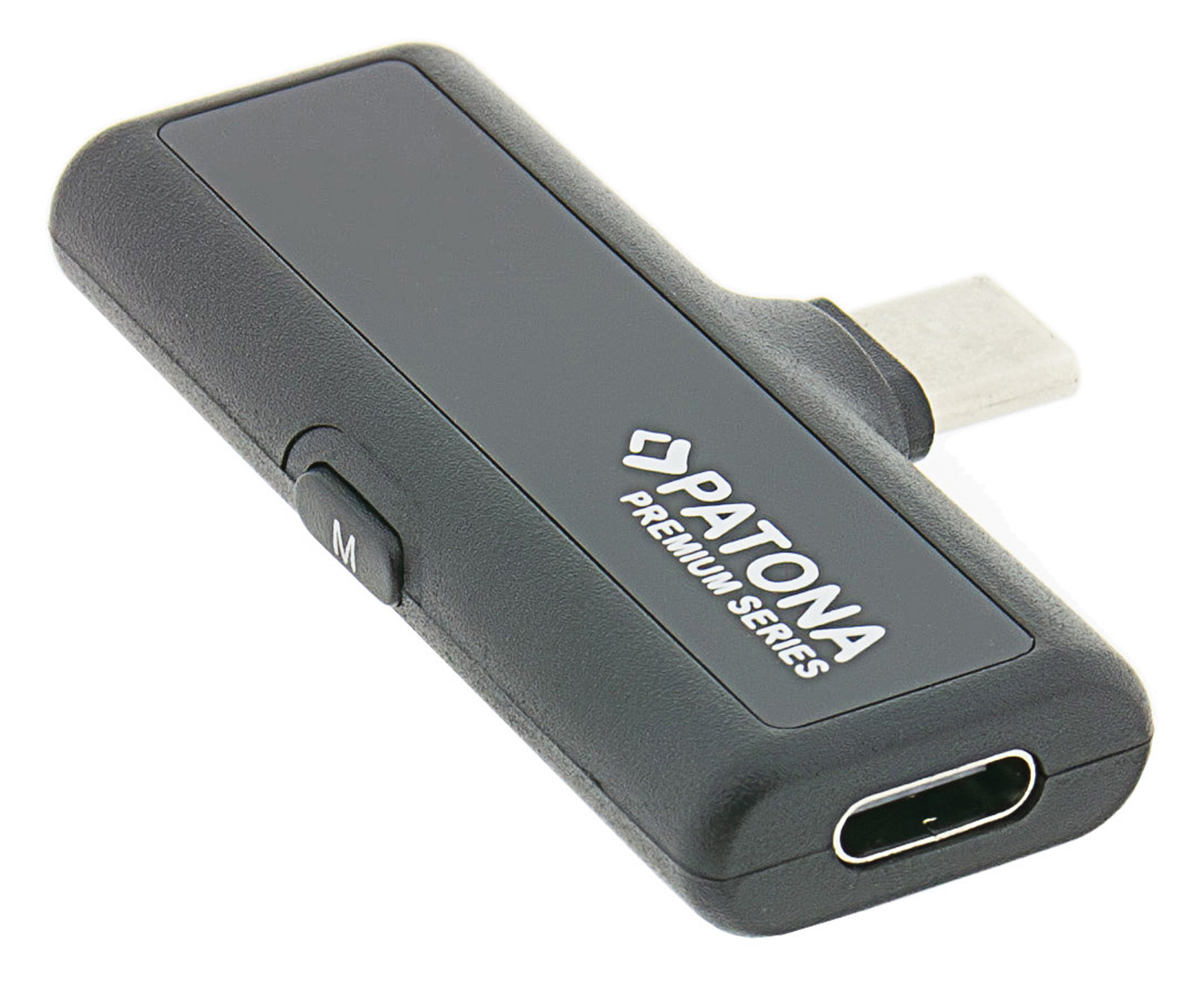 Un adaptateur noir Patona Premium Series avec un connecteur USB-C et un port de chargement.