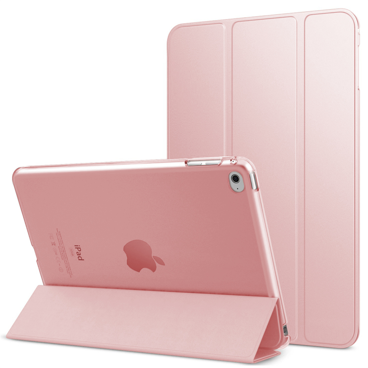 Rosa iPad mit Smart Cover, offen und geschlossen, auf weißem Hintergrund.
