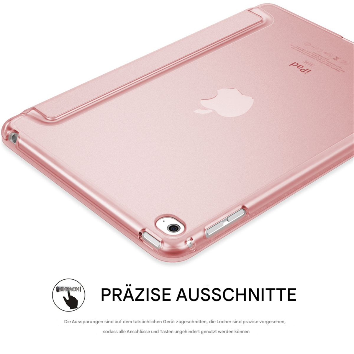 Eine rosa iPad-Hülle mit präzisen Aussparungen, die das Apple-Logo zeigt.