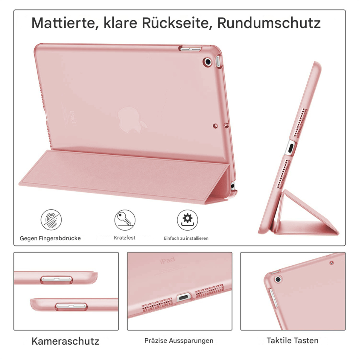 Eine rosafarbene iPad-Hülle. Sie ist geöffnet und hat einen Ständer. Mehrere Ansichten der Hülle werden gezeigt.