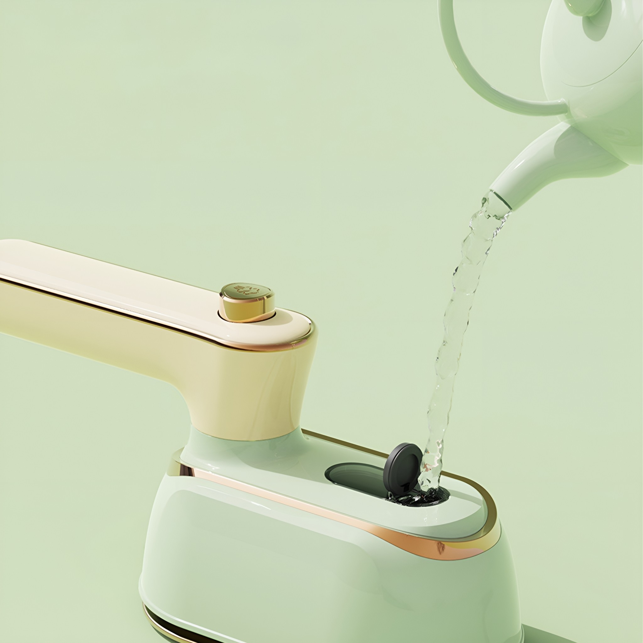 Ein Dampfbügeleisen wird von einer weißen Teekanne mit Wasser gefüllt, hellgrüner Hintergrund.