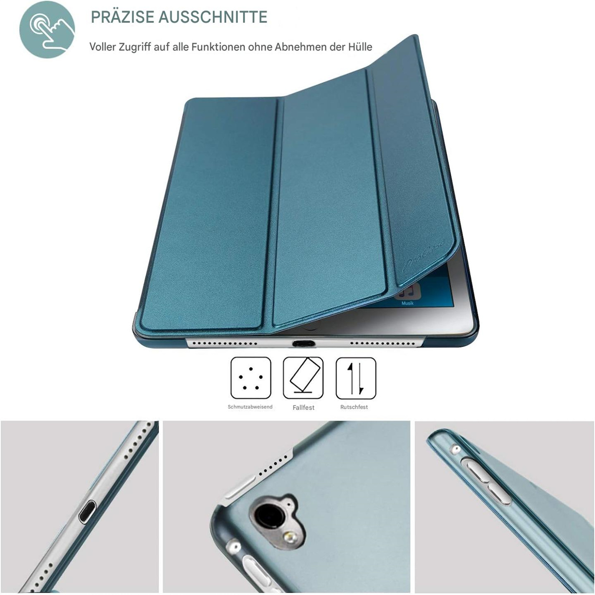 Blaue Tablet-Hülle geöffnet, mit Tablet. Nahaufnahmen zeigen Details und Funktionen, Text.