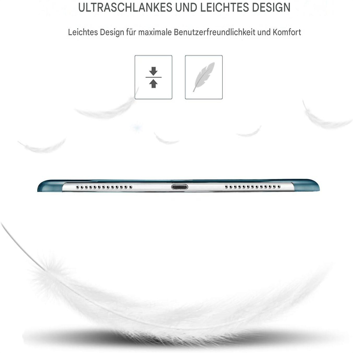 Tablethülle: dünnes Design mit einer Federgrafik und Text über Leichtigkeit und Benutzerfreundlichkeit.