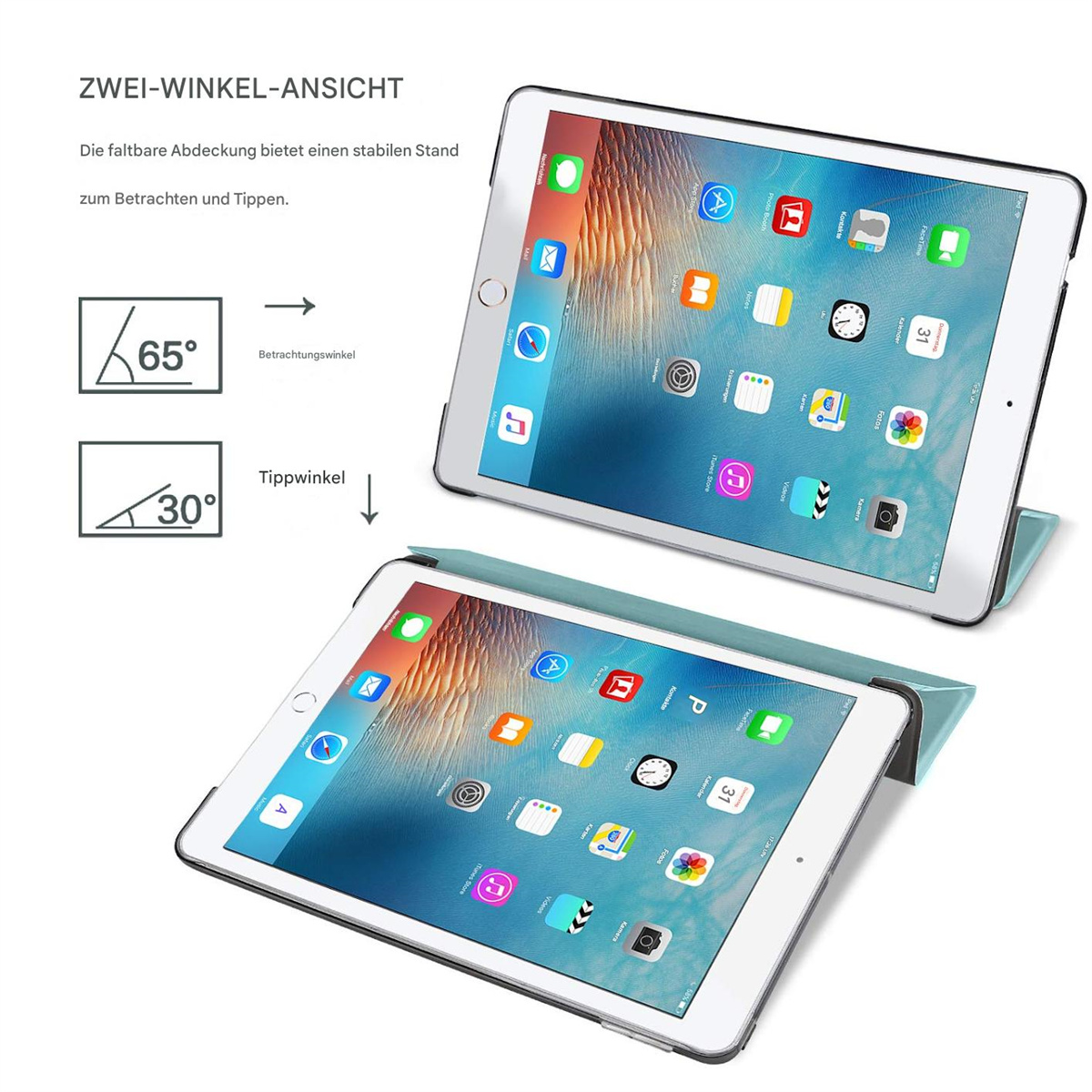 Zwei iPads in Hüllen, eines offen in einem 65-Grad-Winkel, das andere in 30 Grad. Die Hüllen sind türkis.