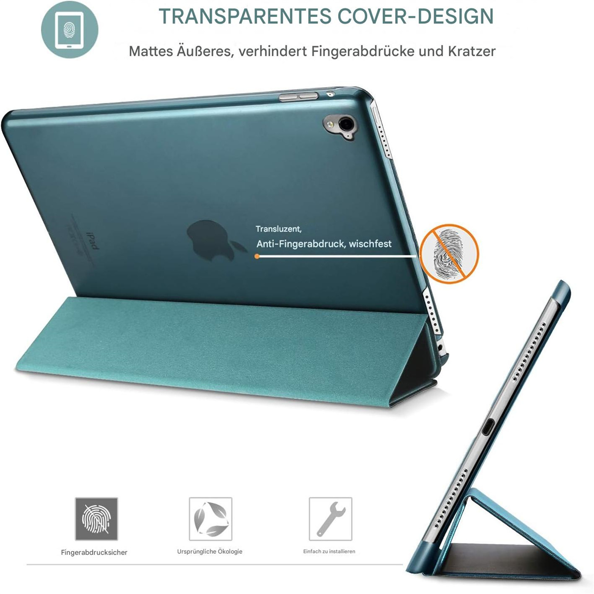 Eine teal iPad-Hülle mit zu einem Ständer gefaltetem Cover, zeigt Anti-Fingerabdruck- und kratzfeste Eigenschaften.