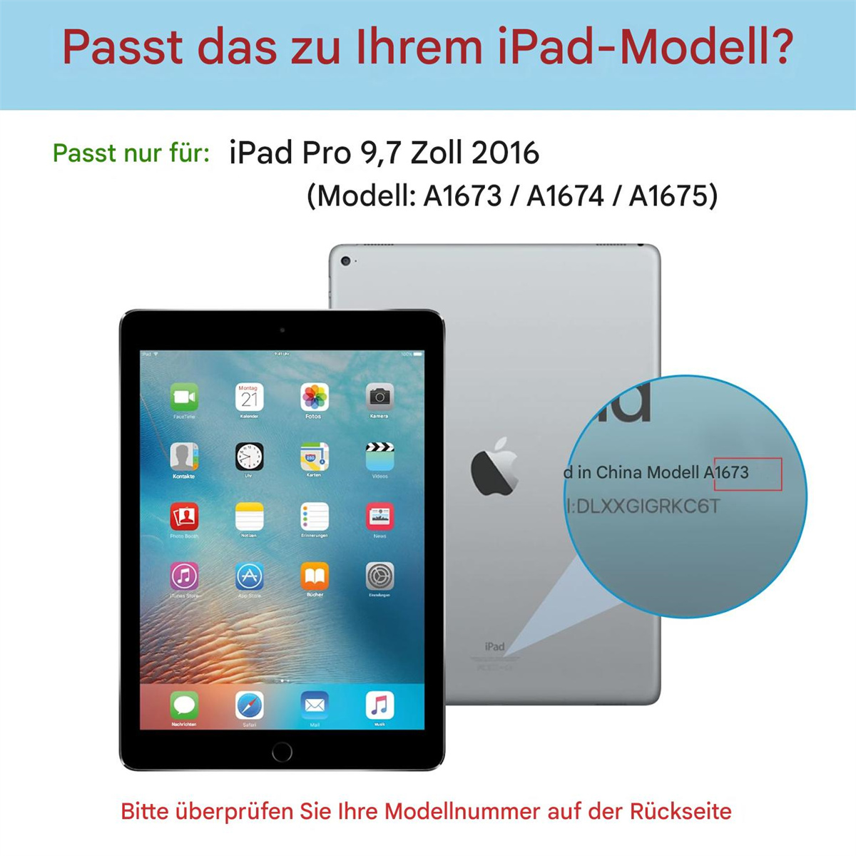 iPad mit Apps auf dem Bildschirm, neben einem anderen iPad mit hervorgehobenem Modellnummernbereich.