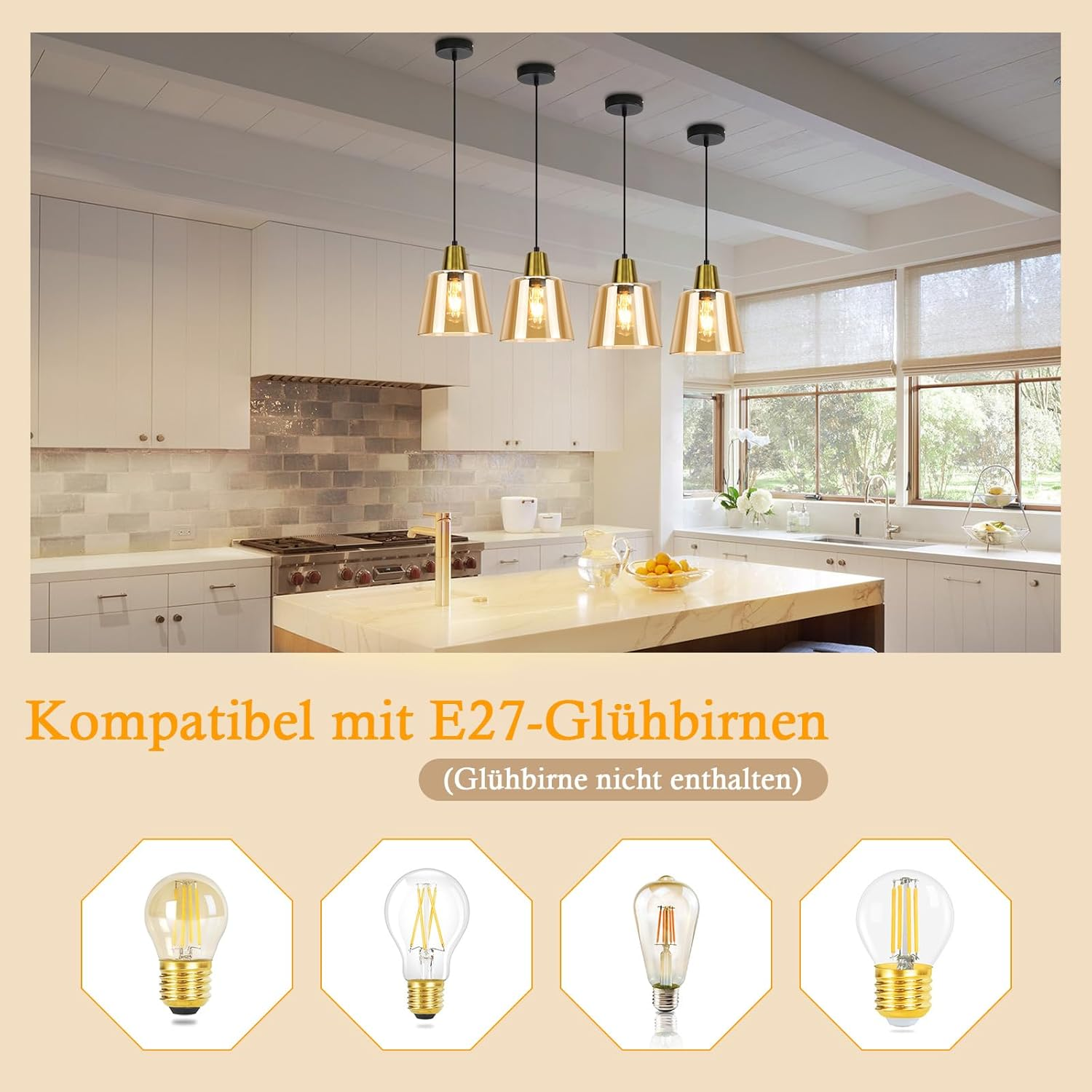 Küche mit vier Pendelleuchten. Der Text unten lautet: Kompatibel mit E27-Glühbirnen, Glühbirne nicht enthalten.