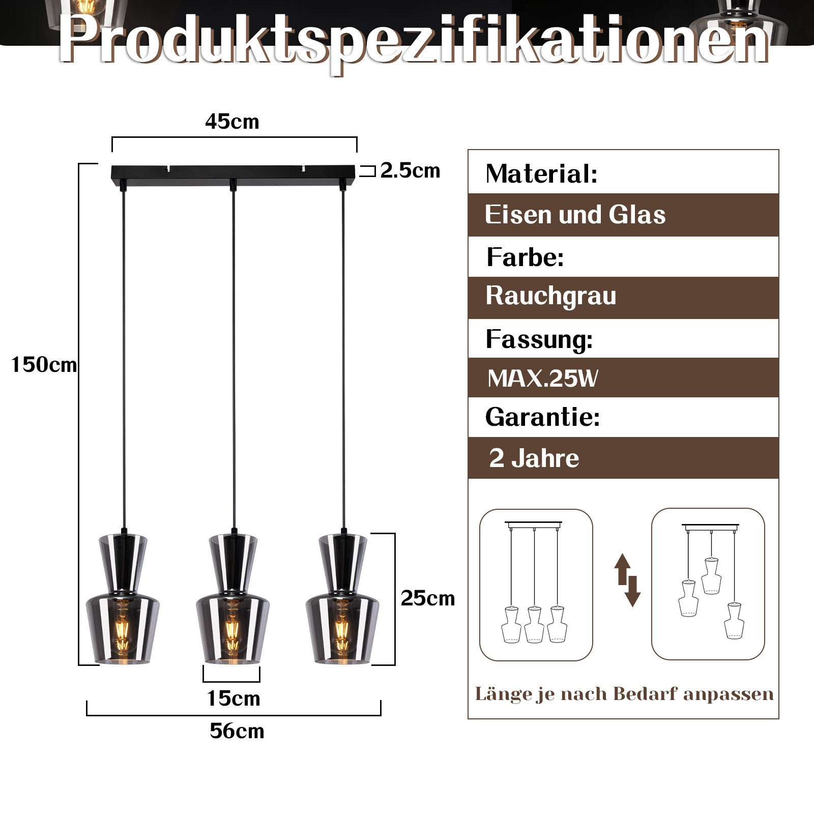 Diagram przedstawiający lampy wiszące z wymiarami i informacjami o materiałach w języku niemieckim.
