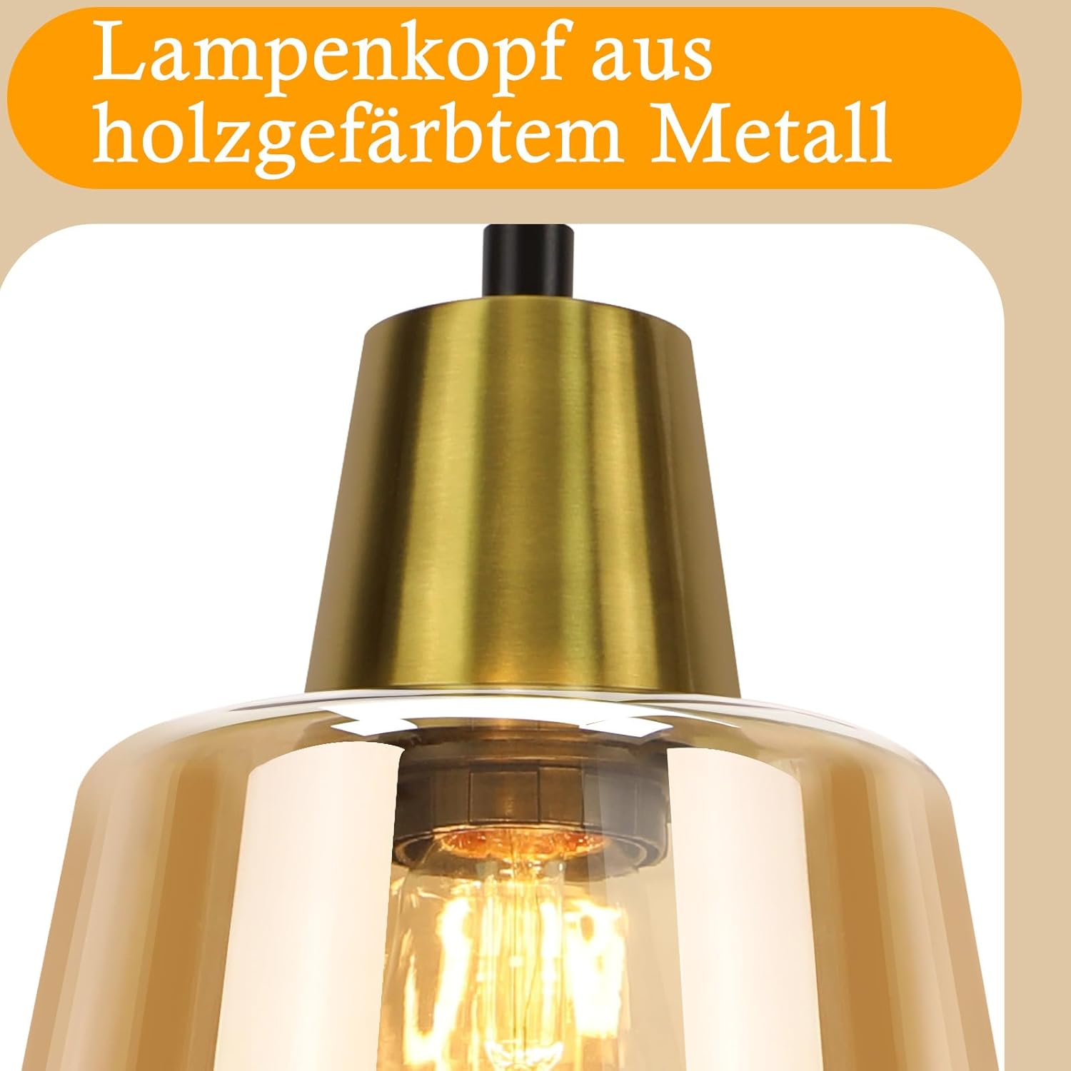 Nahaufnahme eines messingfarbenen Lampenkopfs mit einem transparenten Glasschirm, Text auf Deutsch darüber.