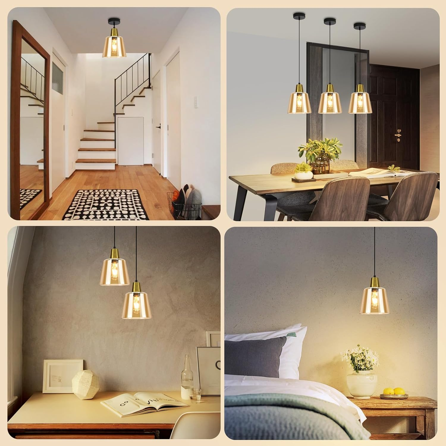 Vier Bilder von Hängelampen in verschiedenen Räumen, unterschiedliche Designs und Einstellungen.