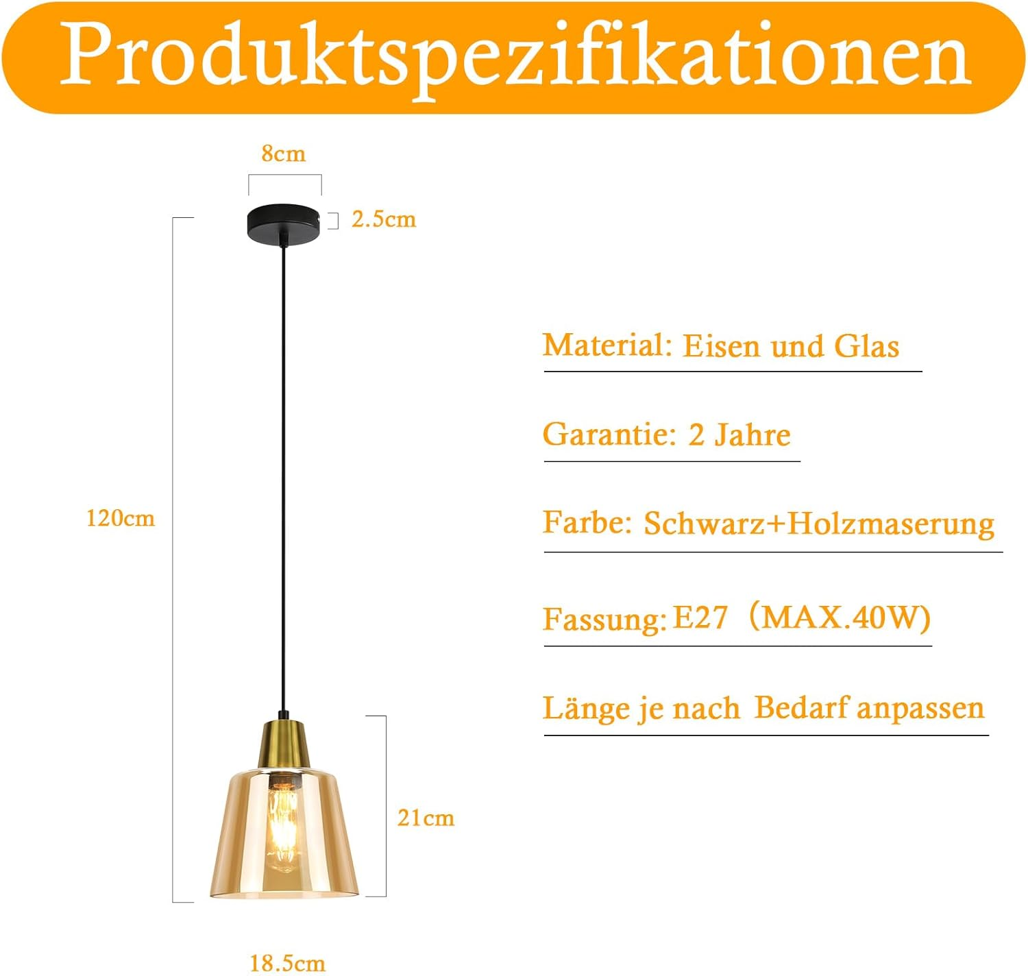 Eine schwarze Pendelleuchte mit goldenem Innenraum. Abmessungen und Materialangaben sind angegeben.