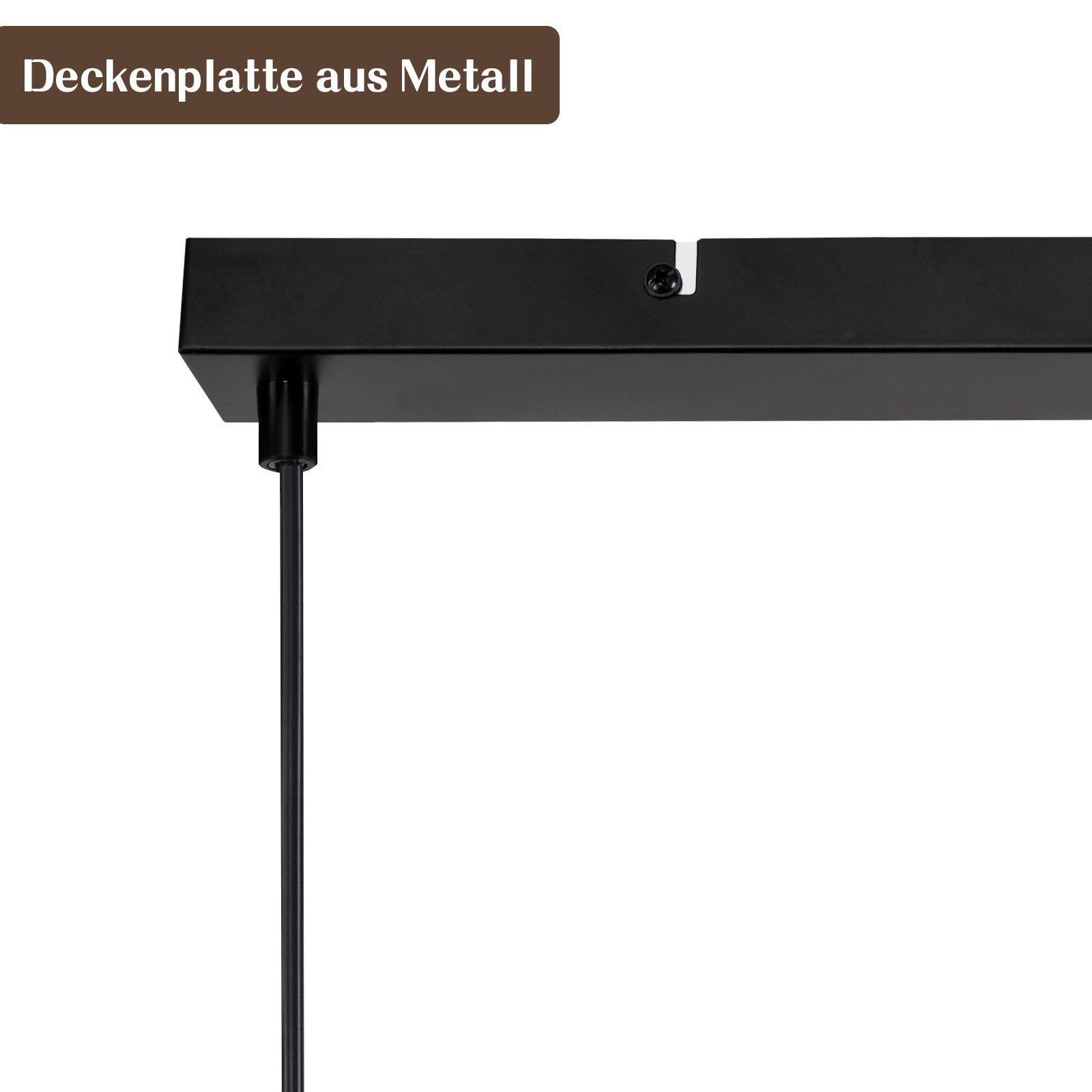 Zbliżenie czarnej metalowej płyty sufitowej z wiszącym drutem, tekst: 'Deckenplatte aus Metall'.