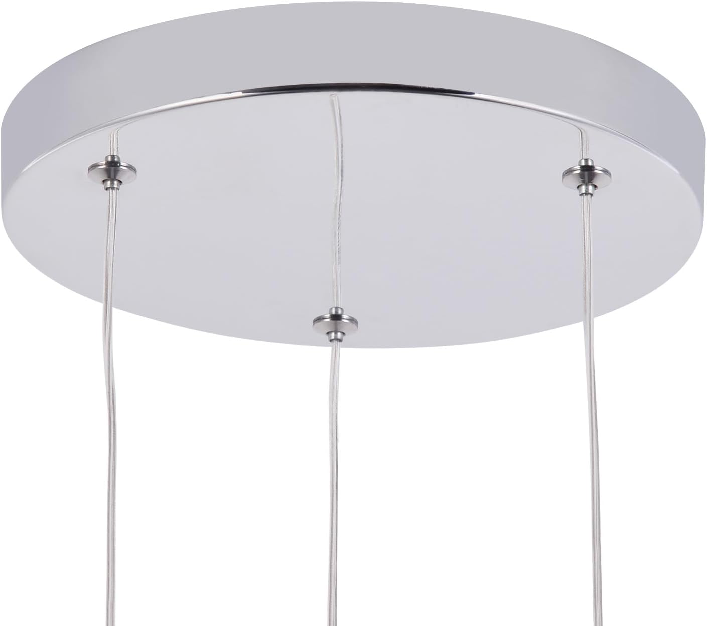 Srebrny okrągły uchwyt sufitowy z trzema cienkimi przewodami. Przewody do oprawy oświetleniowej.