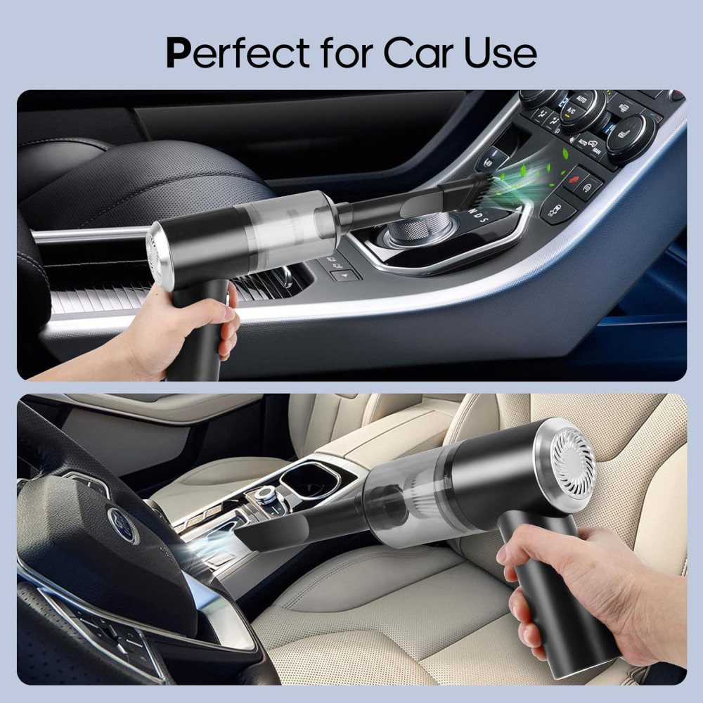 Staubsauger im Auto. Zwei Bilder zeigen die Verwendung in verschiedenen Positionen.