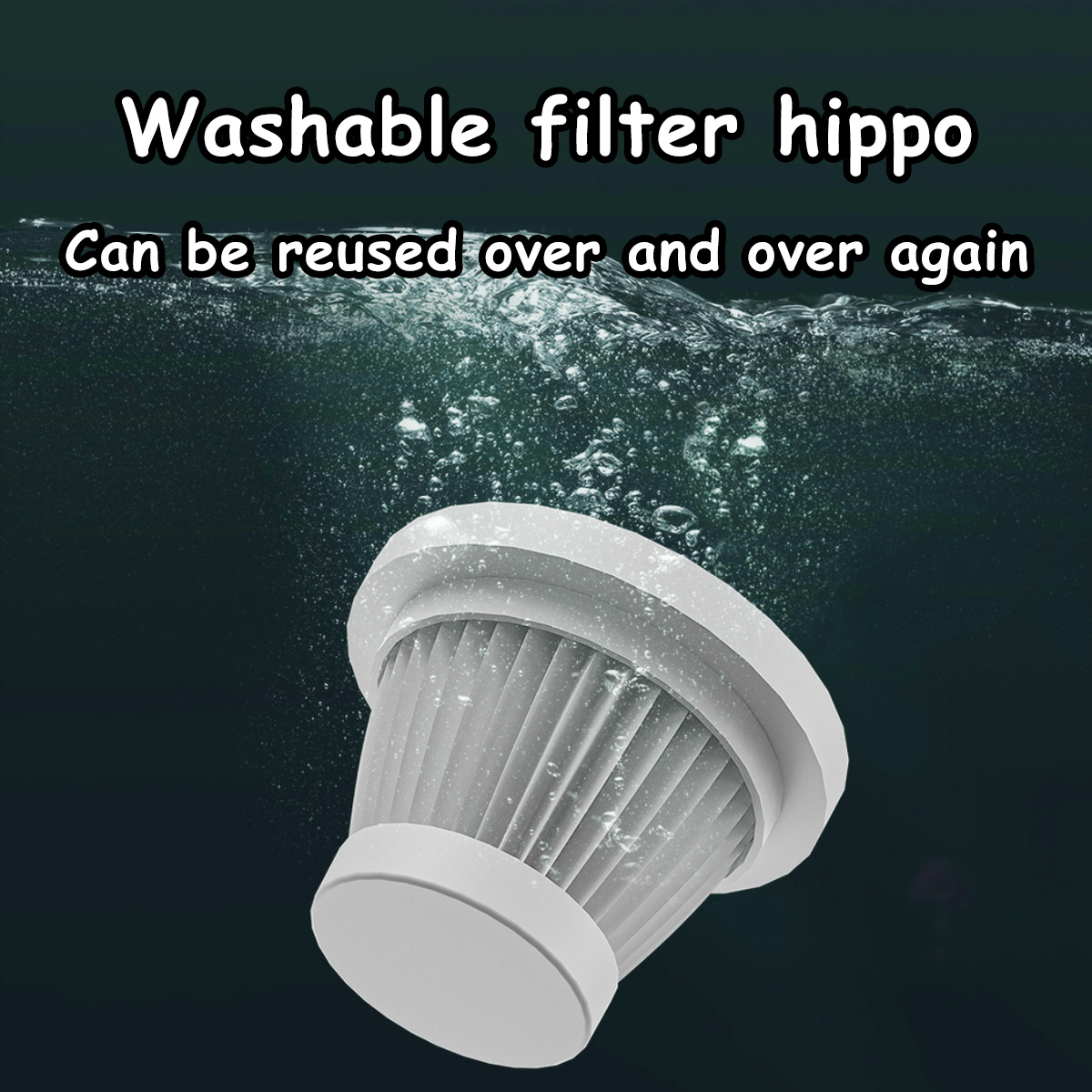 Ein weißer Filter mit Text, der in Wasser mit Blasen schwebt.