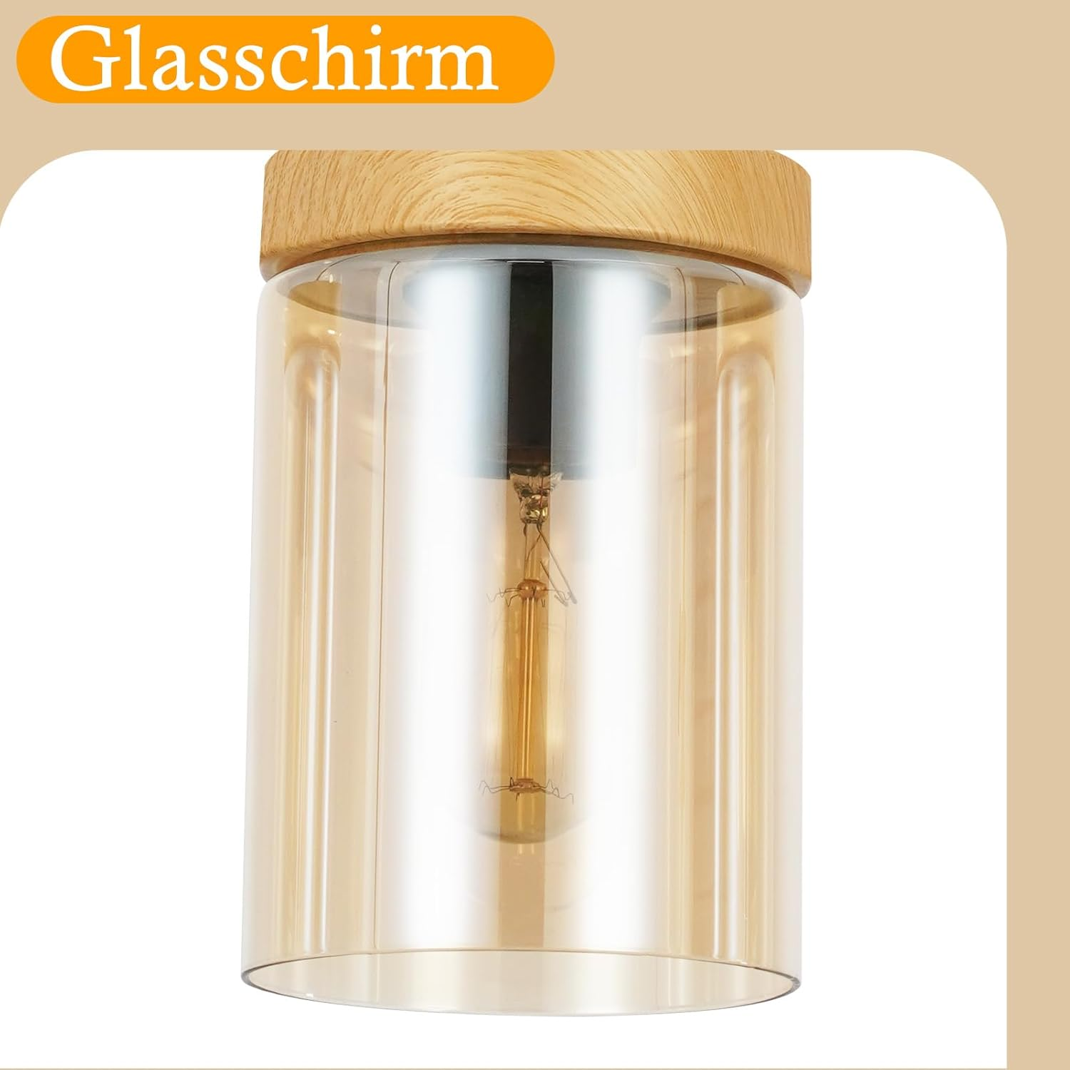 Eine zylindrische Leuchte mit Holzaufsatz und klarem Glasschirm. Eine Edison-Glühbirne ist innen.
