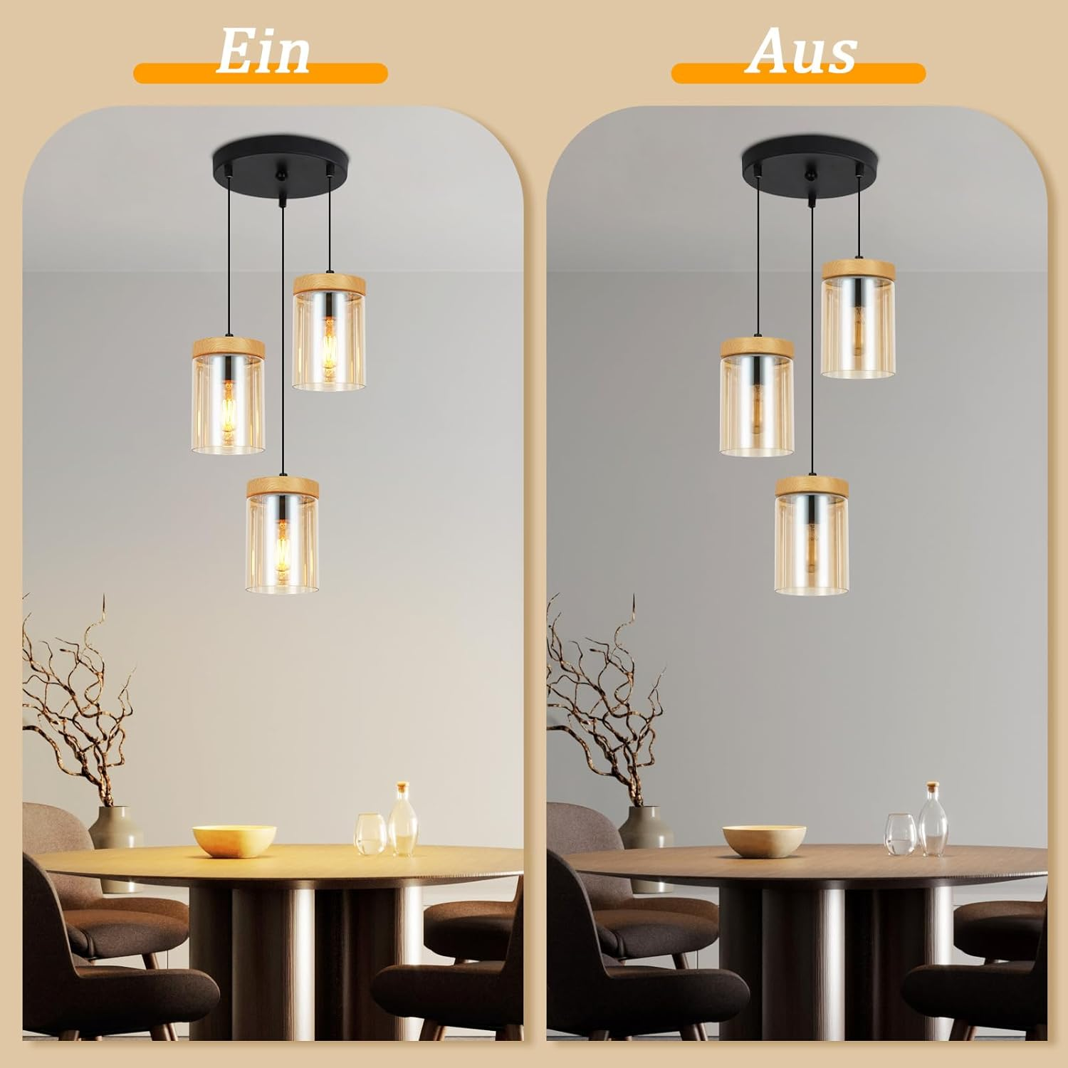 Zwei Bilder: Licht an vs. Licht aus, die Hängelampen mit klaren Glasschirmen über einem Tisch zeigen.