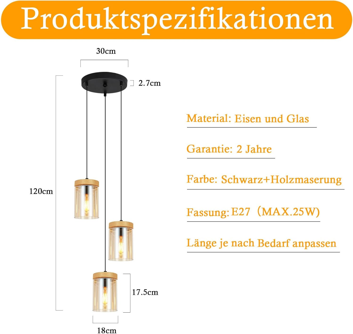 Hängelampe mit drei zylindrischen Schirmen. Textdetails zu Abmessungen, Material und Garantie.