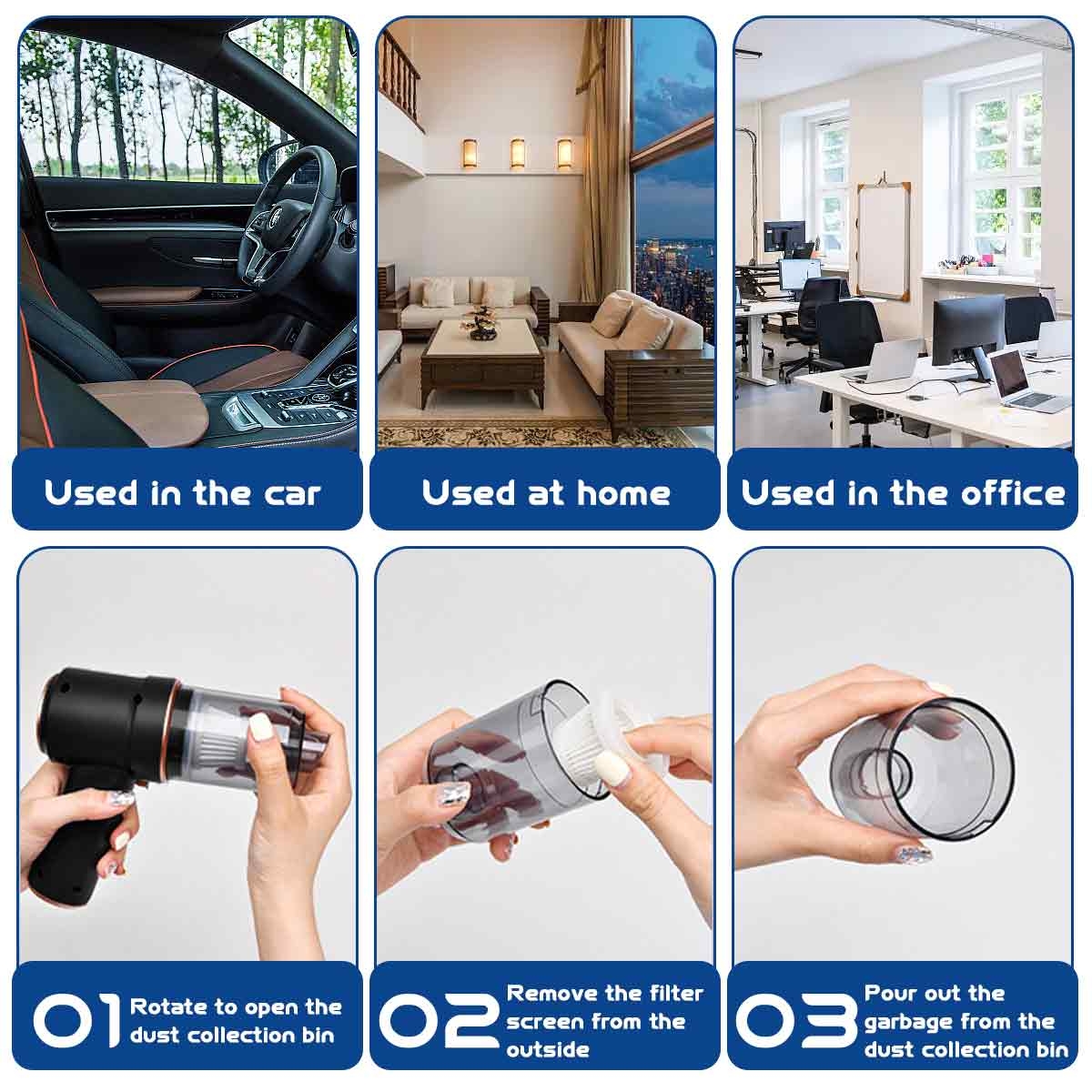 Schritte zur Verwendung eines Staubsaugers, zeigt Auto, Haus, Büro und Reinigungsschritte.
