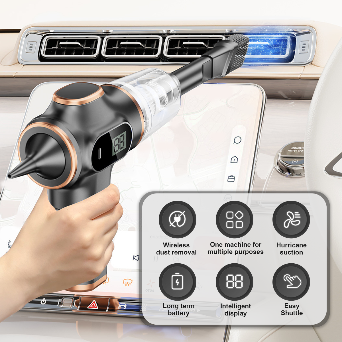 Handstaubsauger mit Touch-Display, Symbolen und einem Autoinnenraum-Hintergrund.