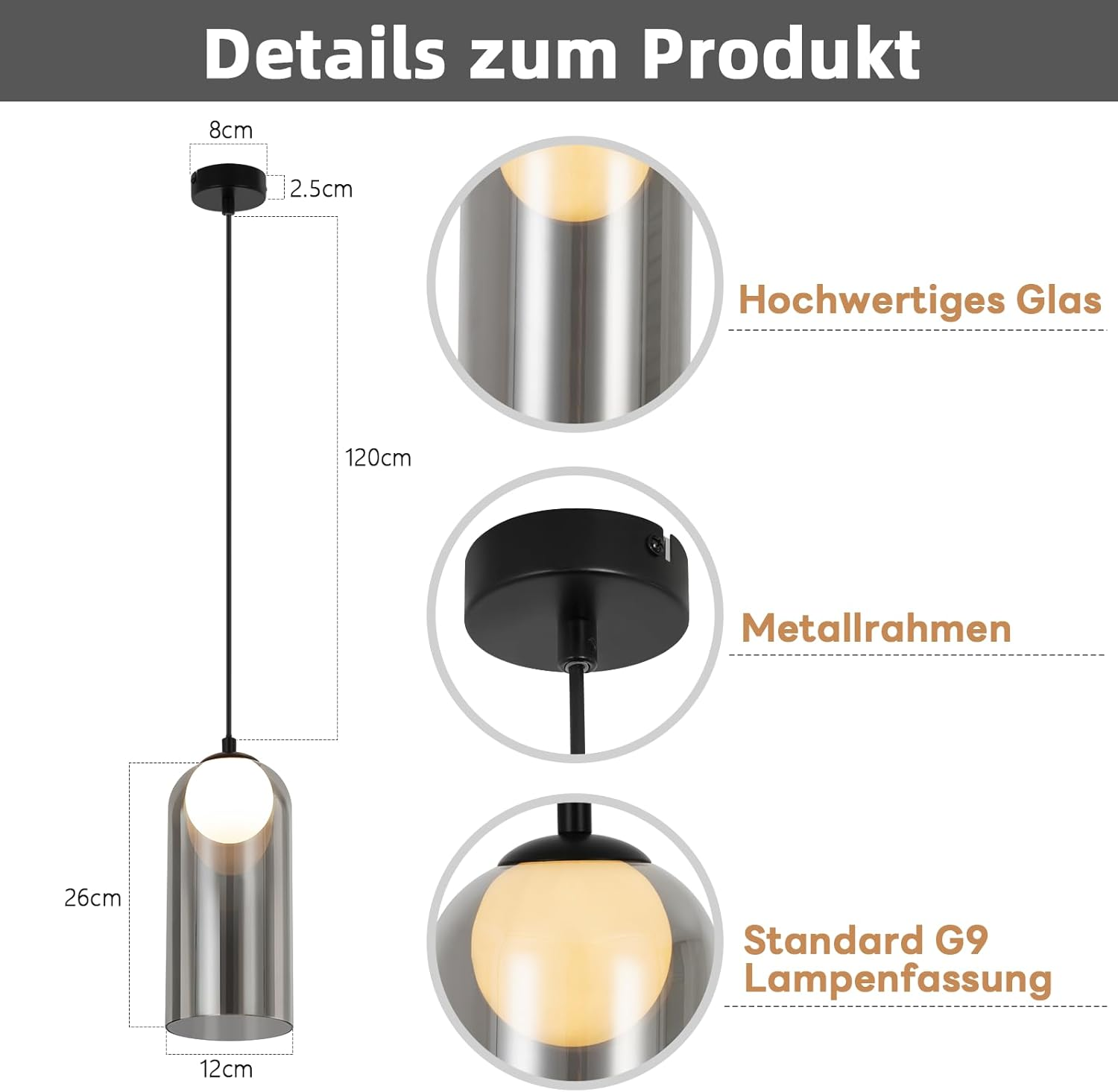 Details einer modernen Pendelleuchte mit Maßen und Komponenten.