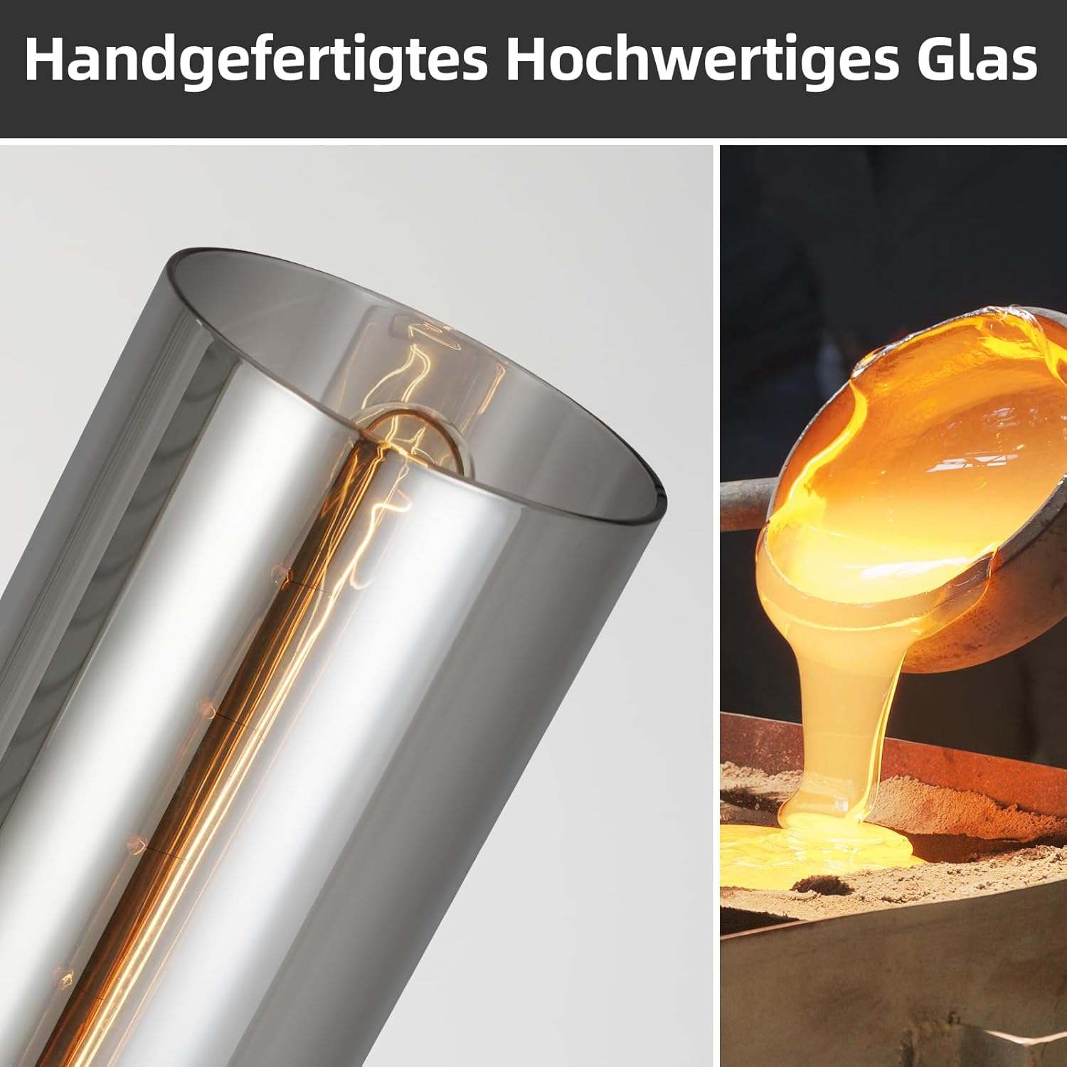 Zwei Bilder: eine beleuchtete graue Glasröhre mit Glühfaden und geschmolzenes Glas, das gegossen wird, Handwerkskunst zeigend.