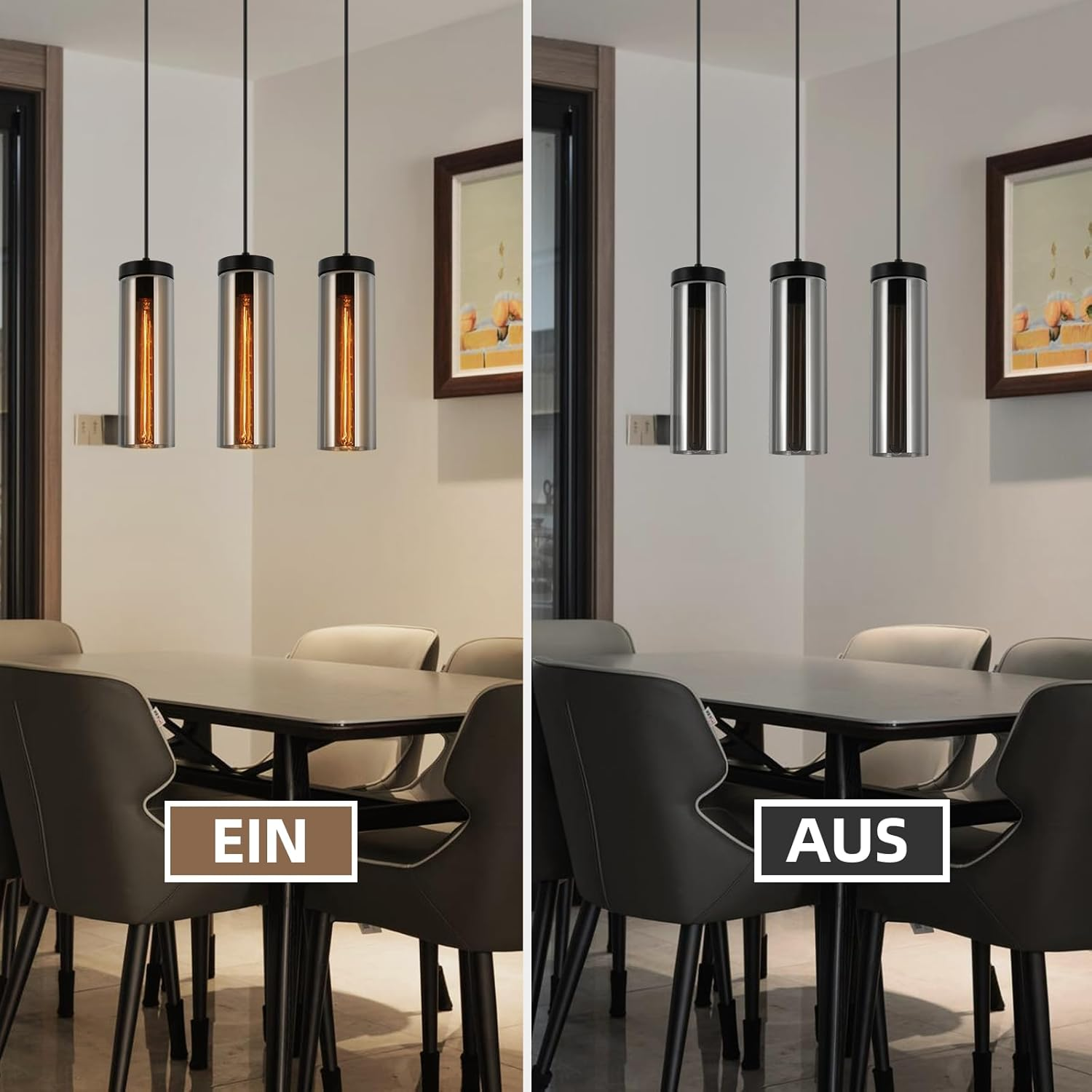 Zweiteiliges Bild mit Hängelampen, eine eingeschaltet, die andere ausgeschaltet. Text auf Deutsch.