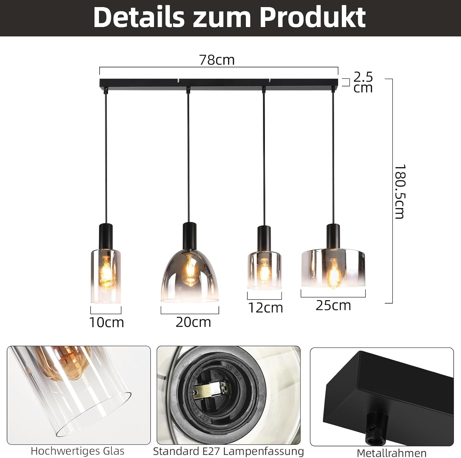 Schemat czarnej lampy wiszącej z wymiarami. Zawiera zbliżenia szkła, oprawki i ramy.