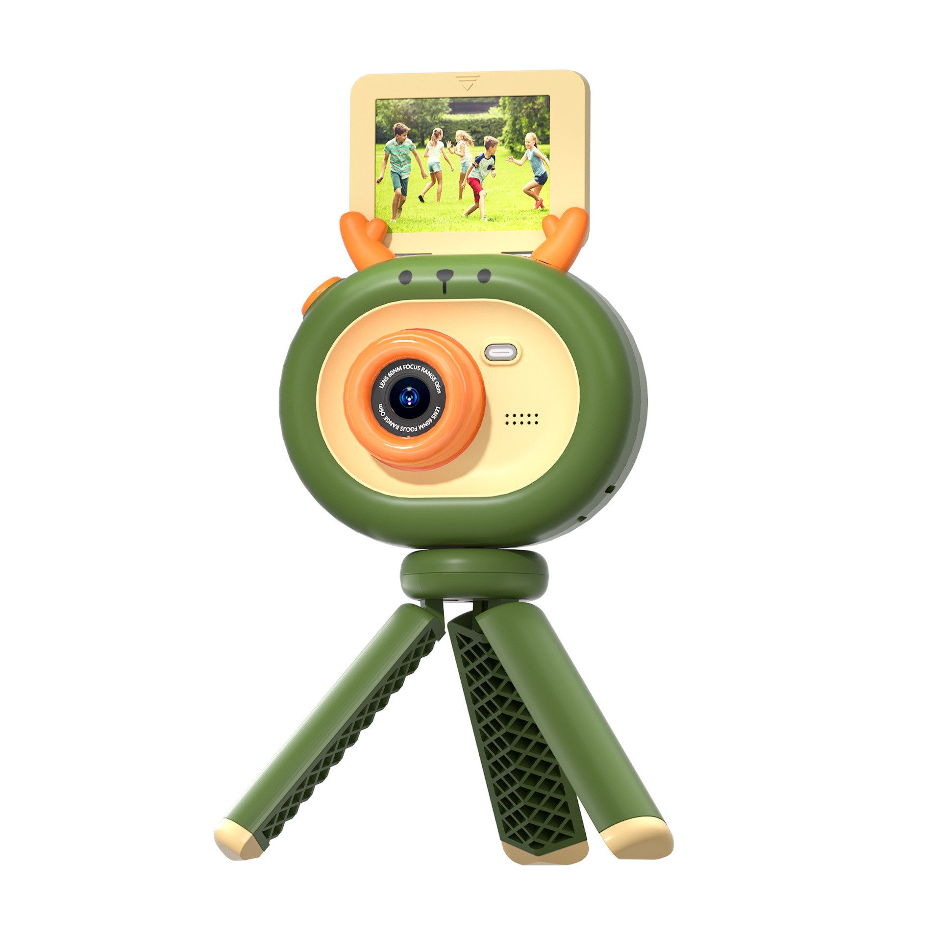 Grüne Kamera mit Bildschirm, der spielende Kinder zeigt. Sie hat ein Stativ und eine orangefarbene Linse.