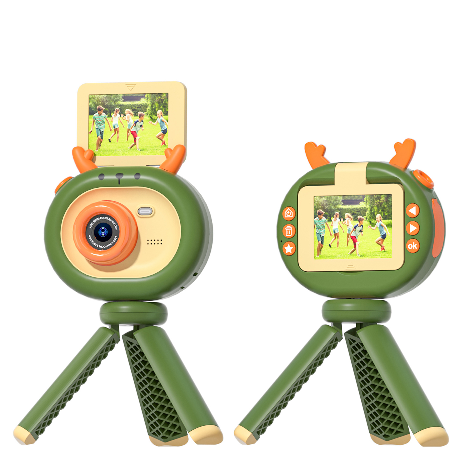 Zwei grüne Spielzeugkameras auf Stativen, die jeweils einen Bildschirm mit spielenden Kindern zeigen.