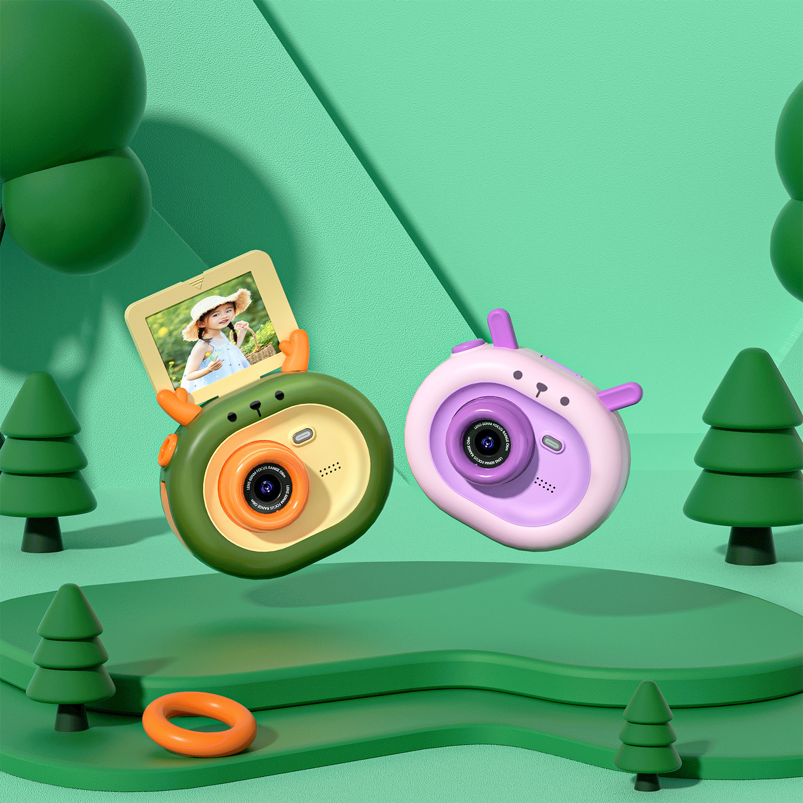 Zwei Cartoon-Kameras, eine grüne und eine rosa, mit grünem Hintergrund und Bäumen.