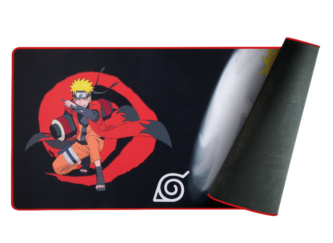 Tapis de souris Naruto. Personnage Naruto avec tenue orange et kunai, logo spirale rouge. Fond noir.