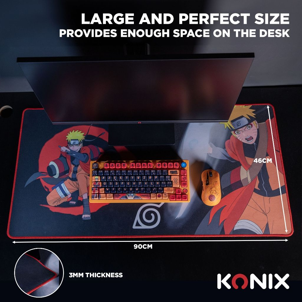 Tapis de bureau avec des personnages de Naruto et un clavier et une souris, avec du texte qui dit 90cm.