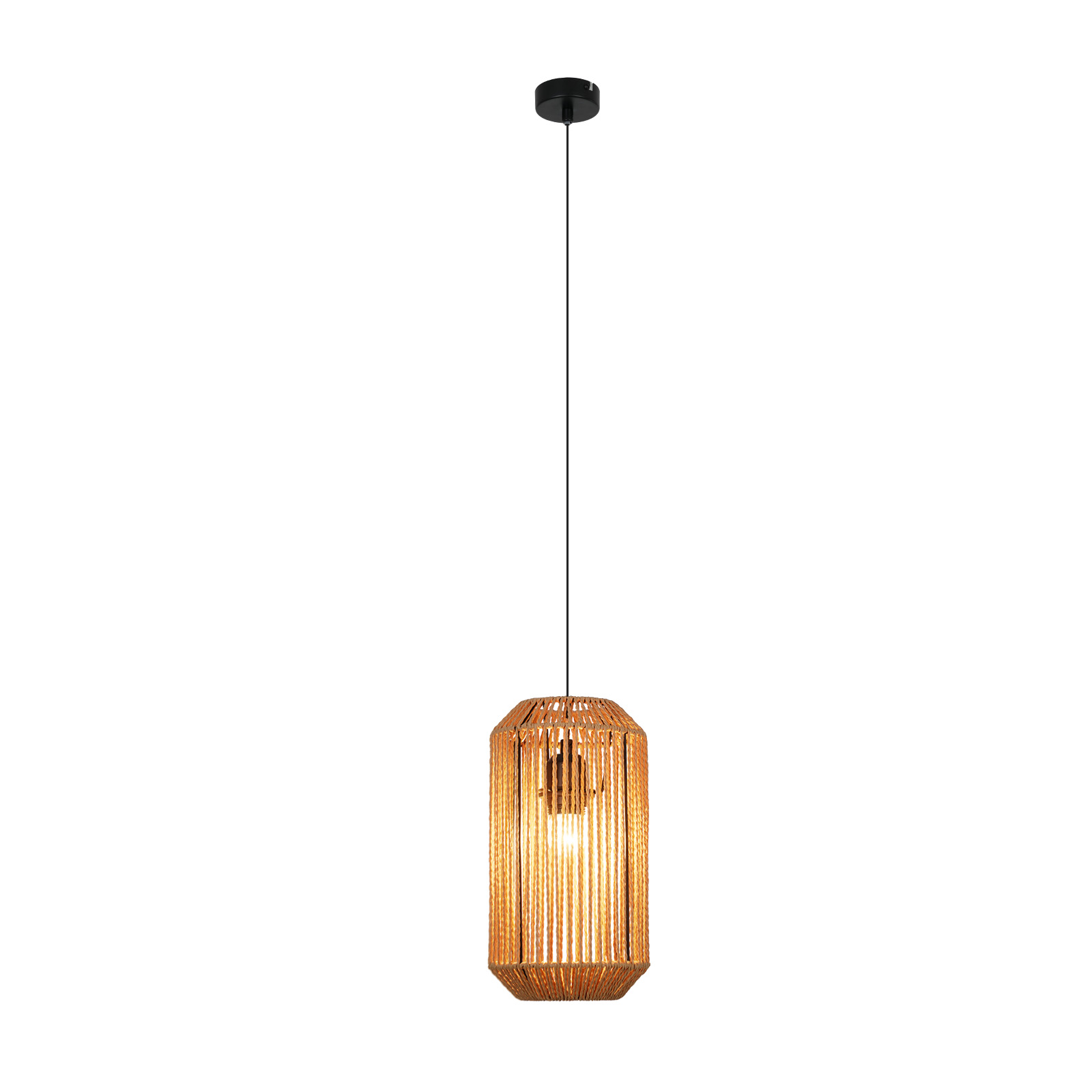 Lampa wisząca z cylindrycznym, tkanym kloszem.