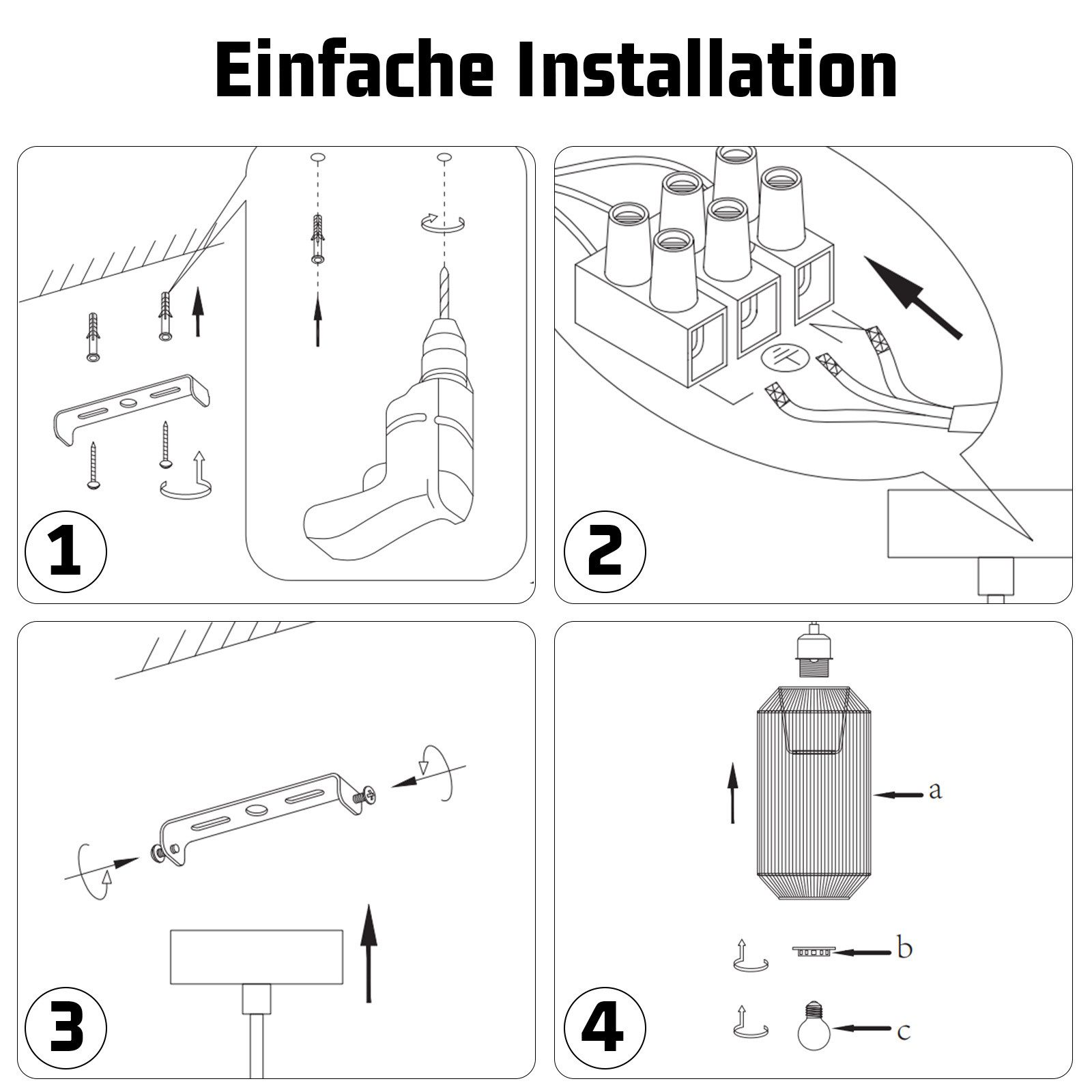 Kroki instalacji lampy wiszącej, ze schematami każdego etapu.