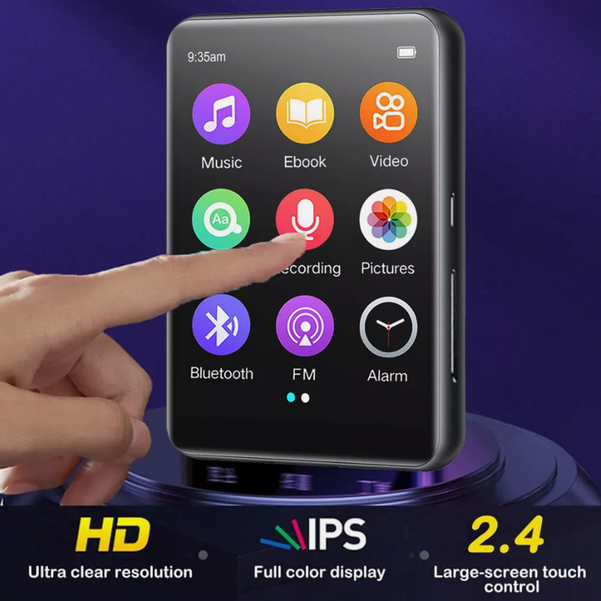 Ein schwarzer MP3-Player mit Touchscreen, der App-Symbole und die Uhrzeit anzeigt.