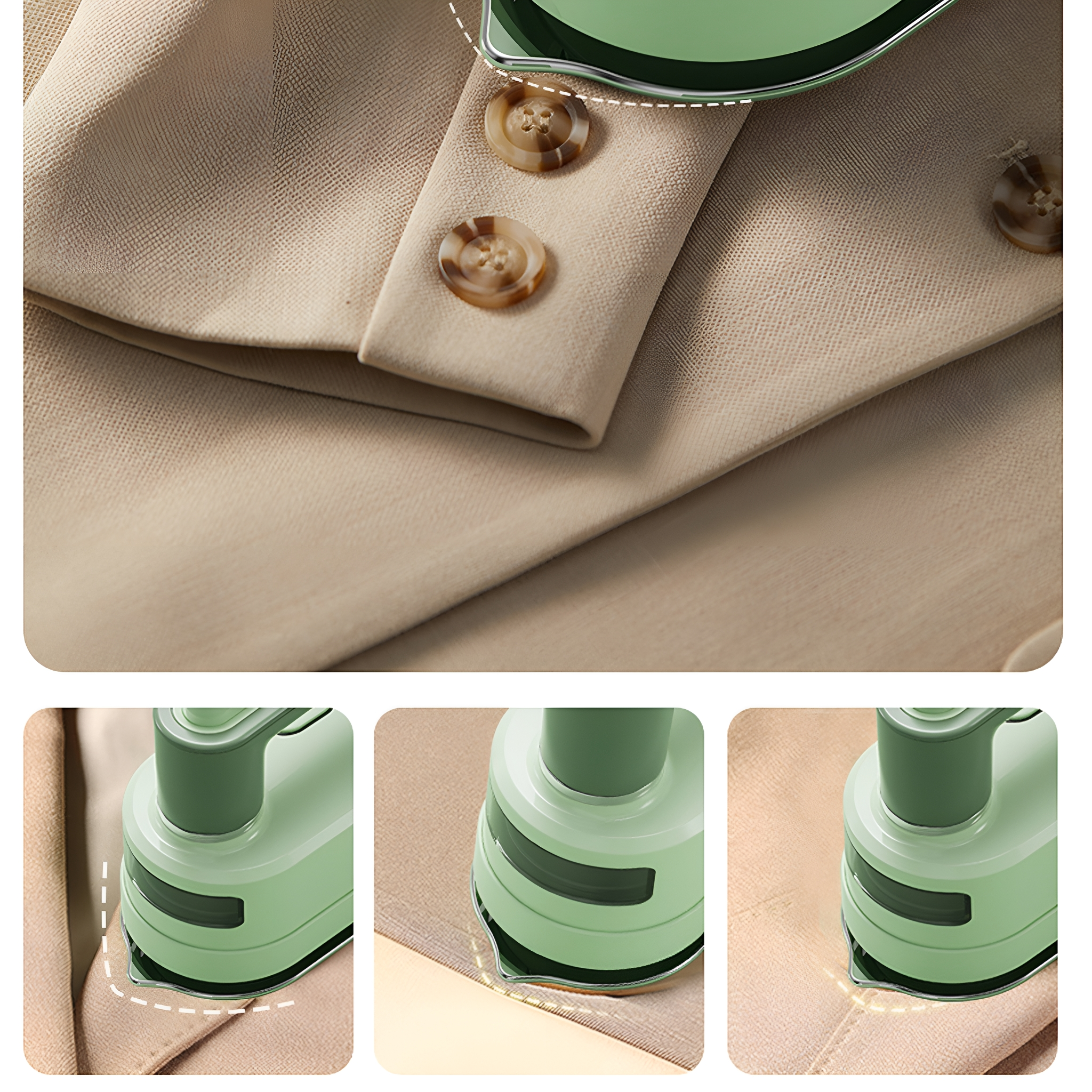 Nahaufnahme eines beigen Blazers mit zwei Knöpfen und drei Bildern eines grünen Bügeleisens.