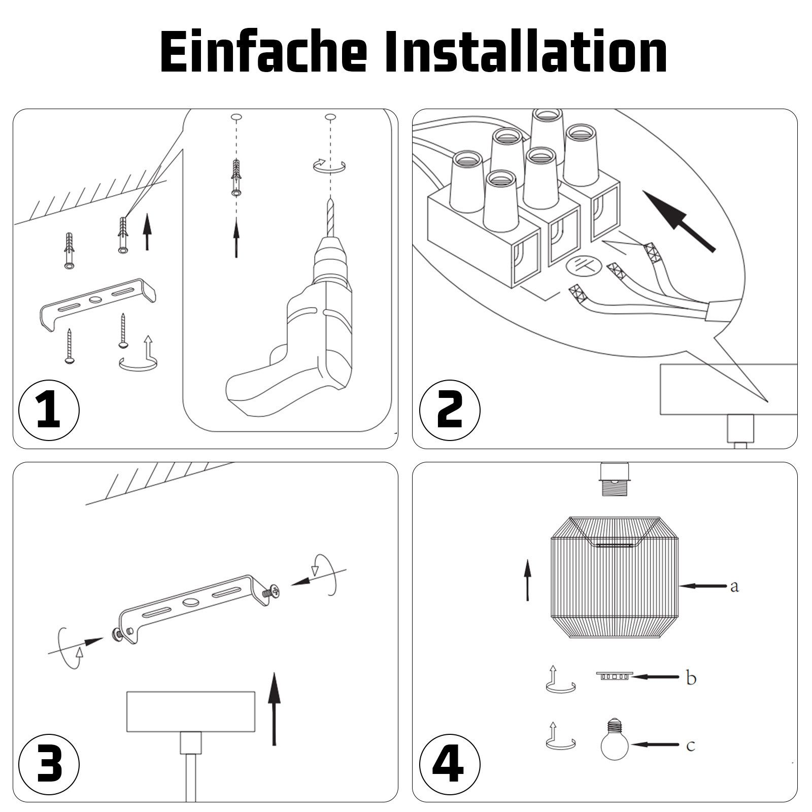 Diagramm mit Installationsschritten: Schrauben, Bohren, Verdrahten und Anbringen einer Lampe.