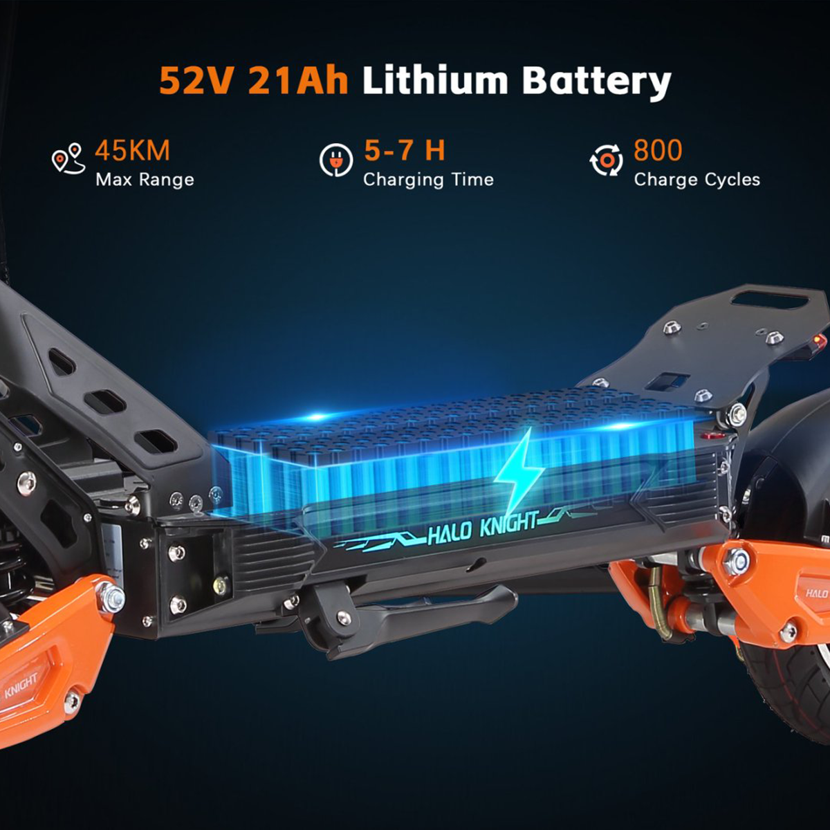 Hulajnoga elektryczna z akumulatorem, specyfikacjami i tekstem: Halo Knight.