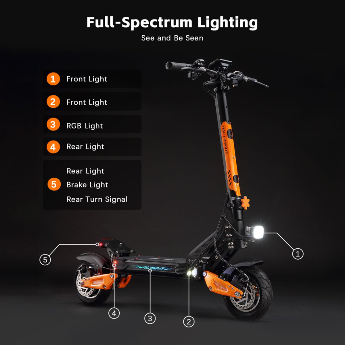 Czarno-pomarańczowa hulajnoga elektryczna ze światłami. Zawiera światła przednie, tylne i stopu oraz kierunkowskazy.