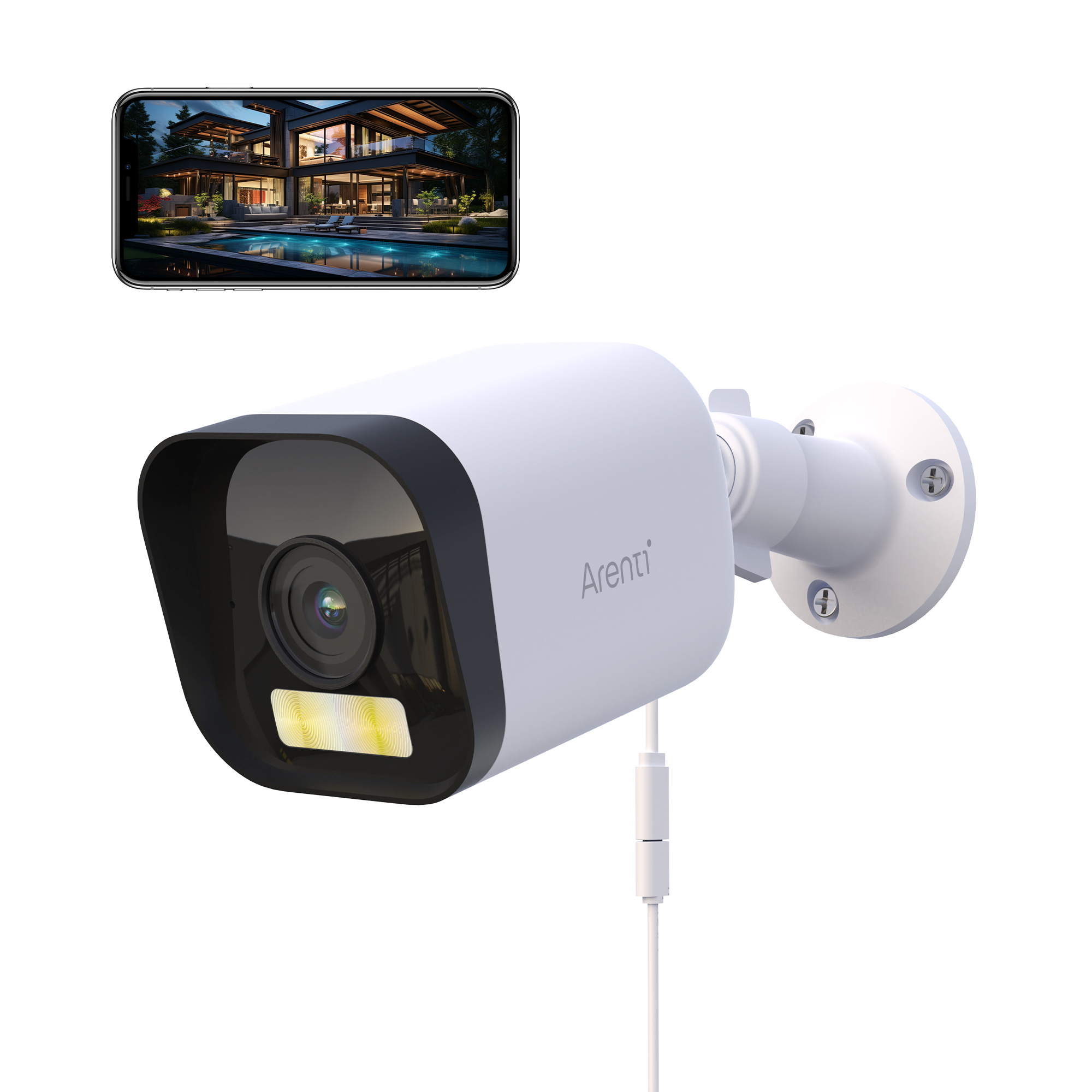 Weiße Überwachungskamera mit schwarzem Visier, Smartphone mit Hausbild und weißem Hintergrund.