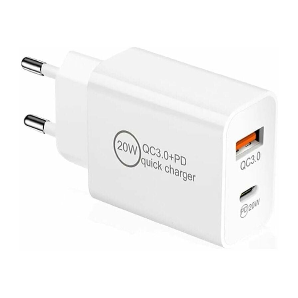 Weißes 20W QC3.0+PD Schnellladegerät mit zwei Stiften und Ladeanschluss.