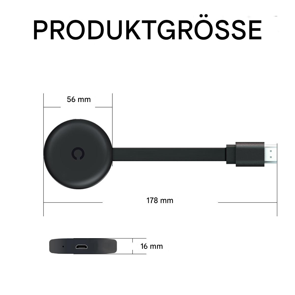 Ein schwarzes kreisförmiges Gerät mit Kabel und Beschriftung. Die Abmessungen des Geräts sind dargestellt.