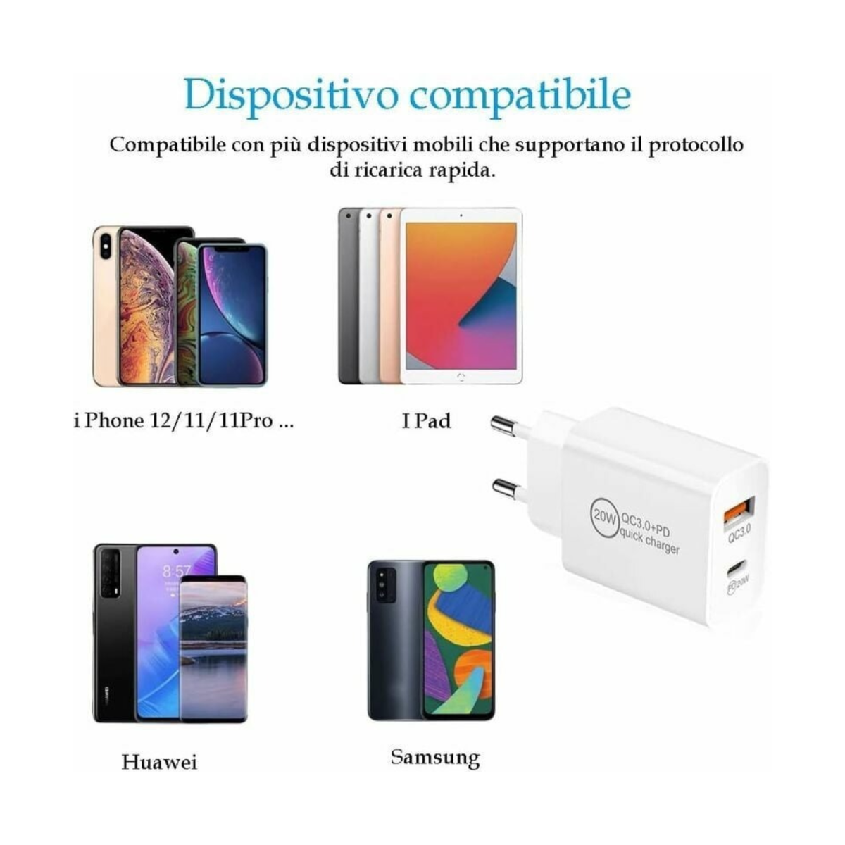 Eine Werbung für ein Telefonladegerät mit kompatiblen Geräten: iPhones, iPads, Huawei- und Samsung-Telefone.