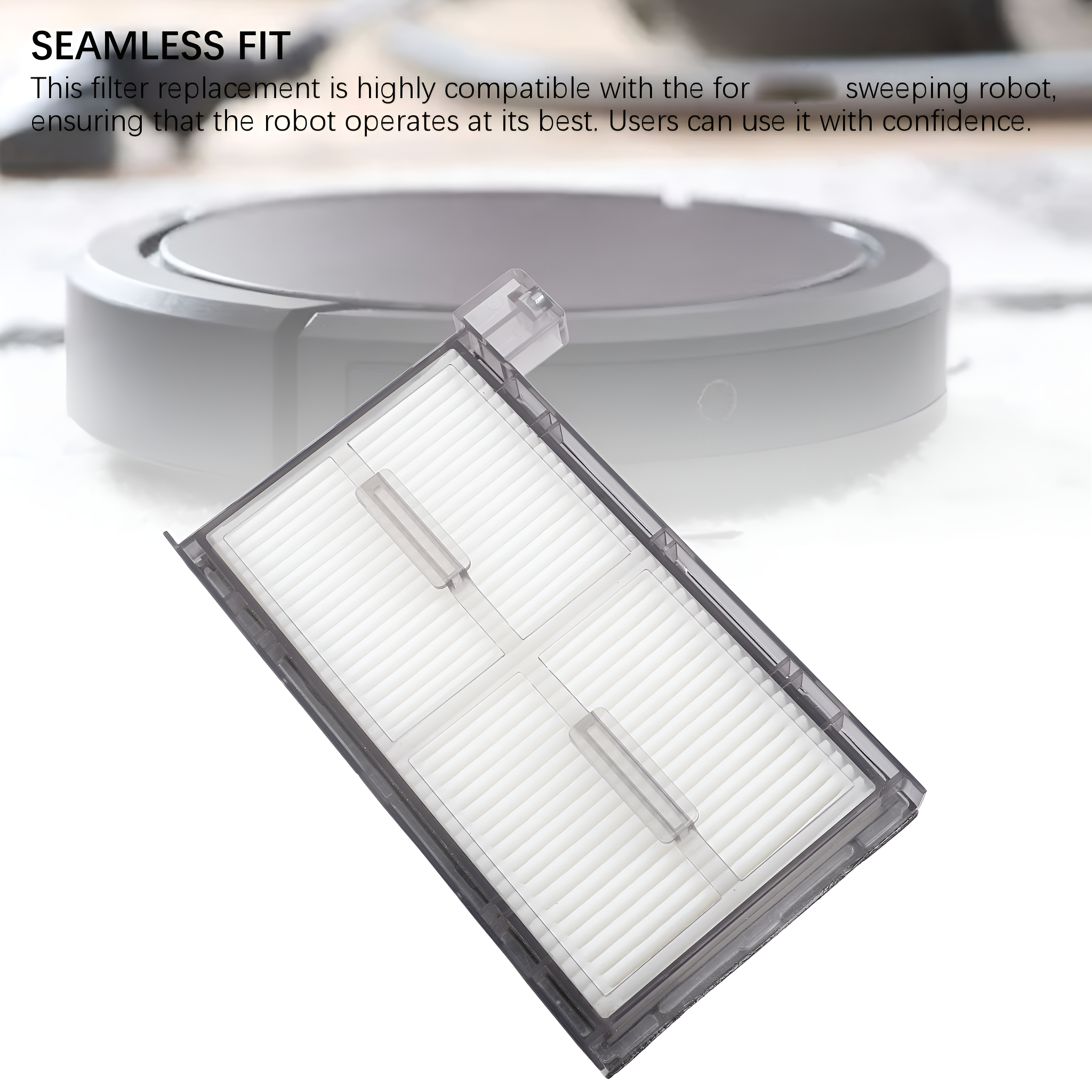 Filterersatz für einen Roboterstaubsauger. Rechteckig, mit weißem Filter.