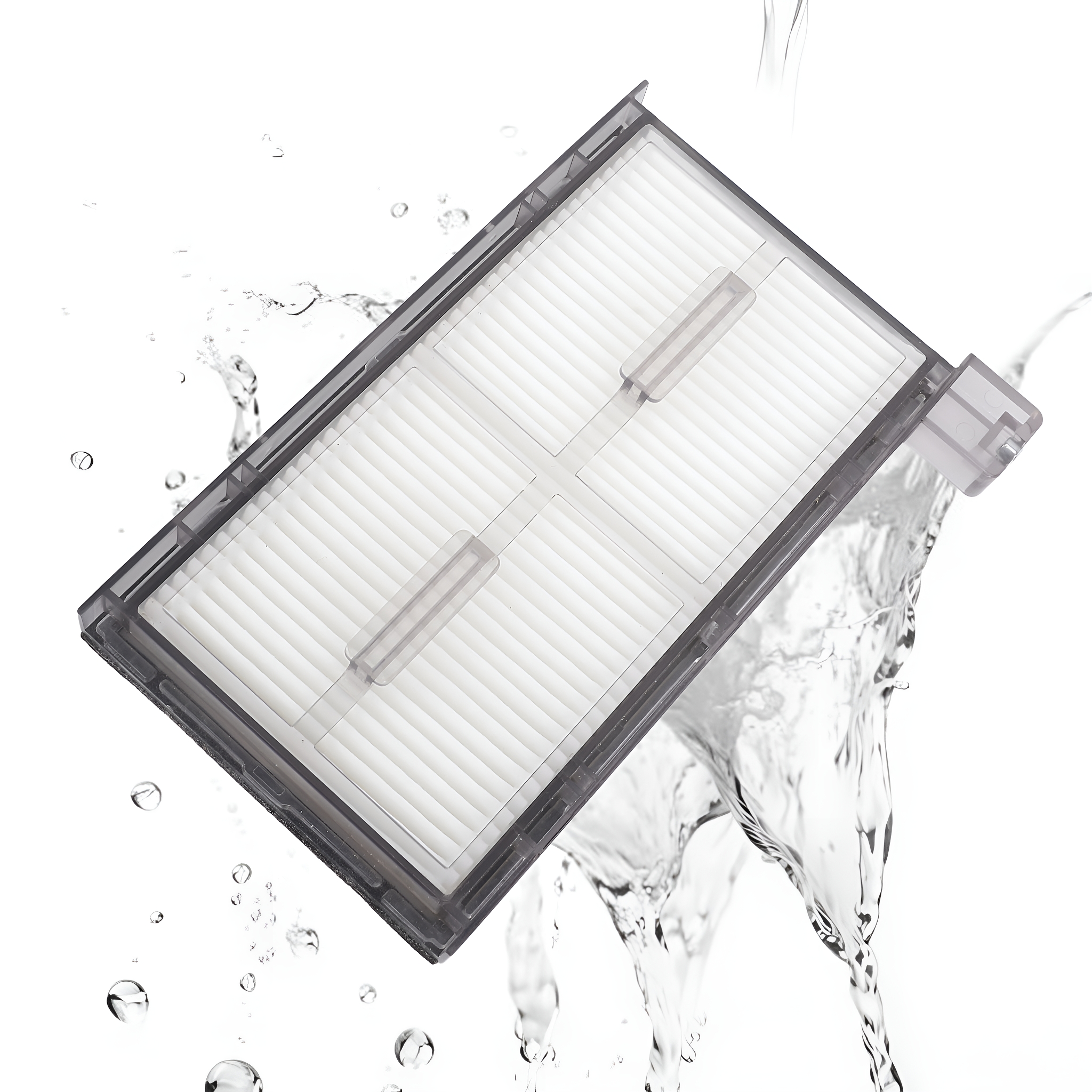 Rechteckiger Filter mit weißem Material, mit Wasser, das darum herum spritzt.